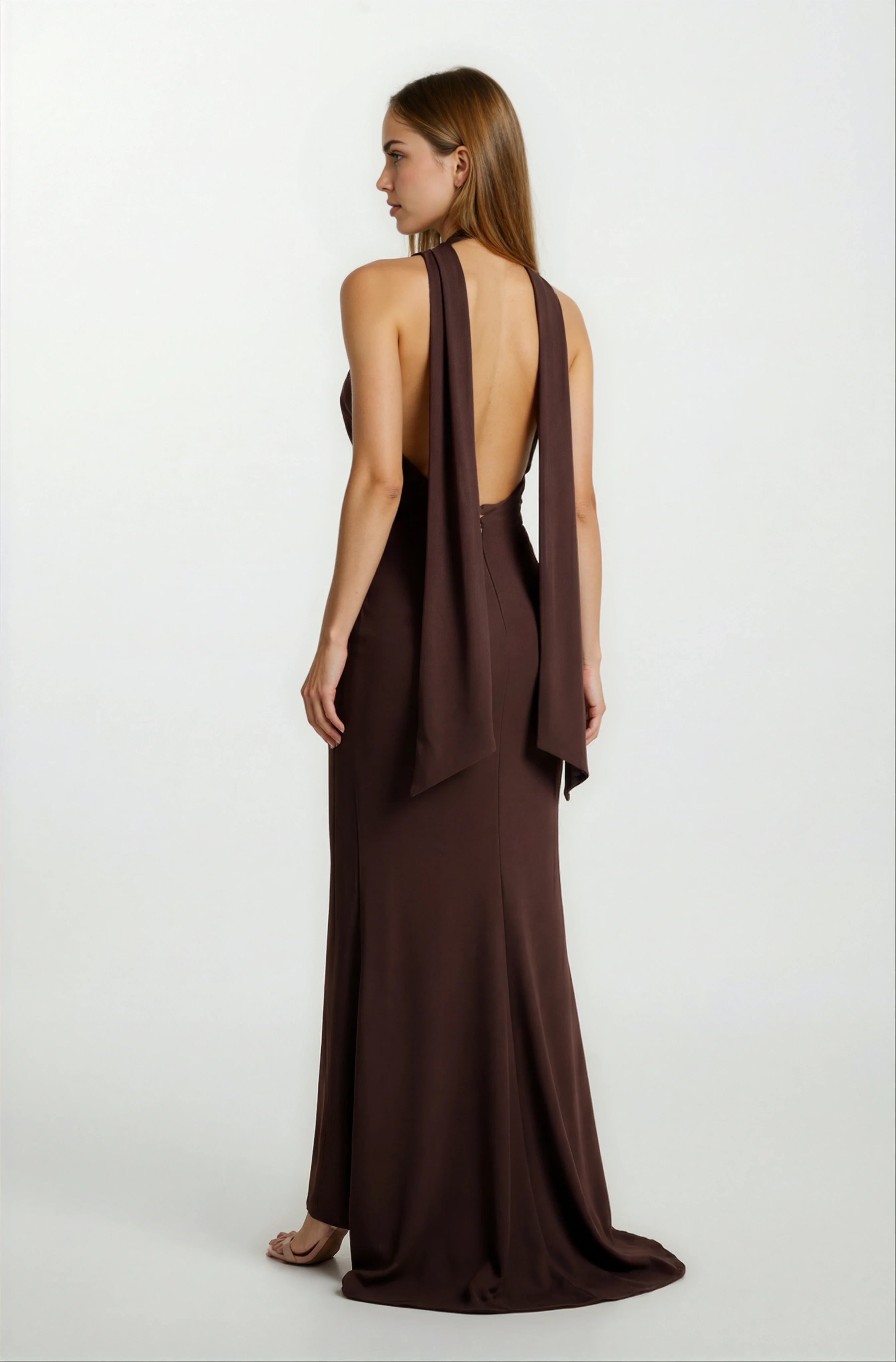 Romero Straplez Yaka Balık Uzun  Abiye Elbise KAHVE