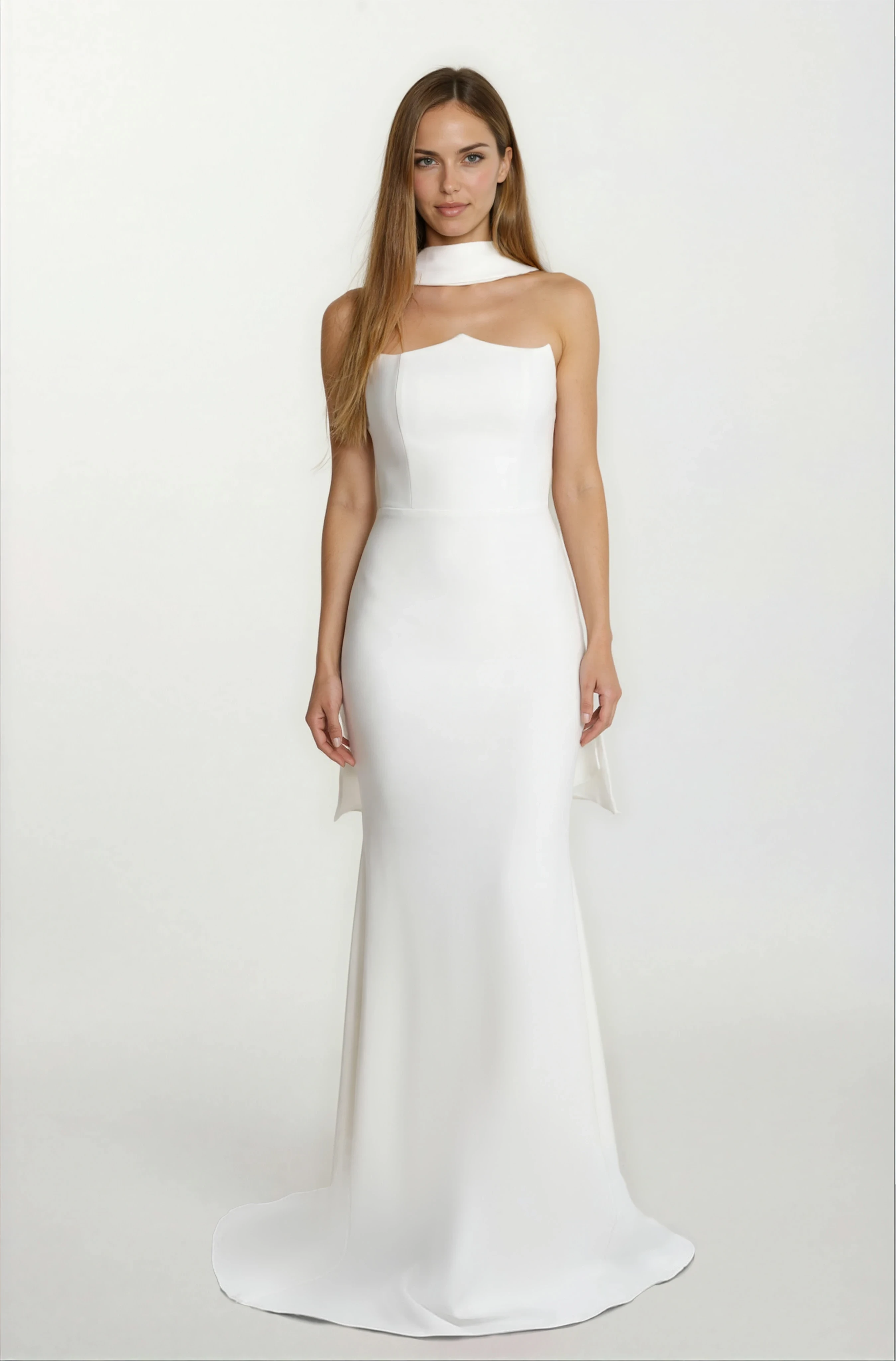 Romero Straplez Yaka Balık Uzun  Abiye Elbise EKRU