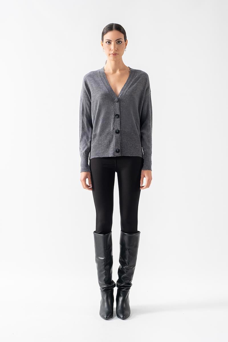 Roosevelt V Yaka Önden Düğmeli Uzun Kol Triko Hırka ANTRASİT