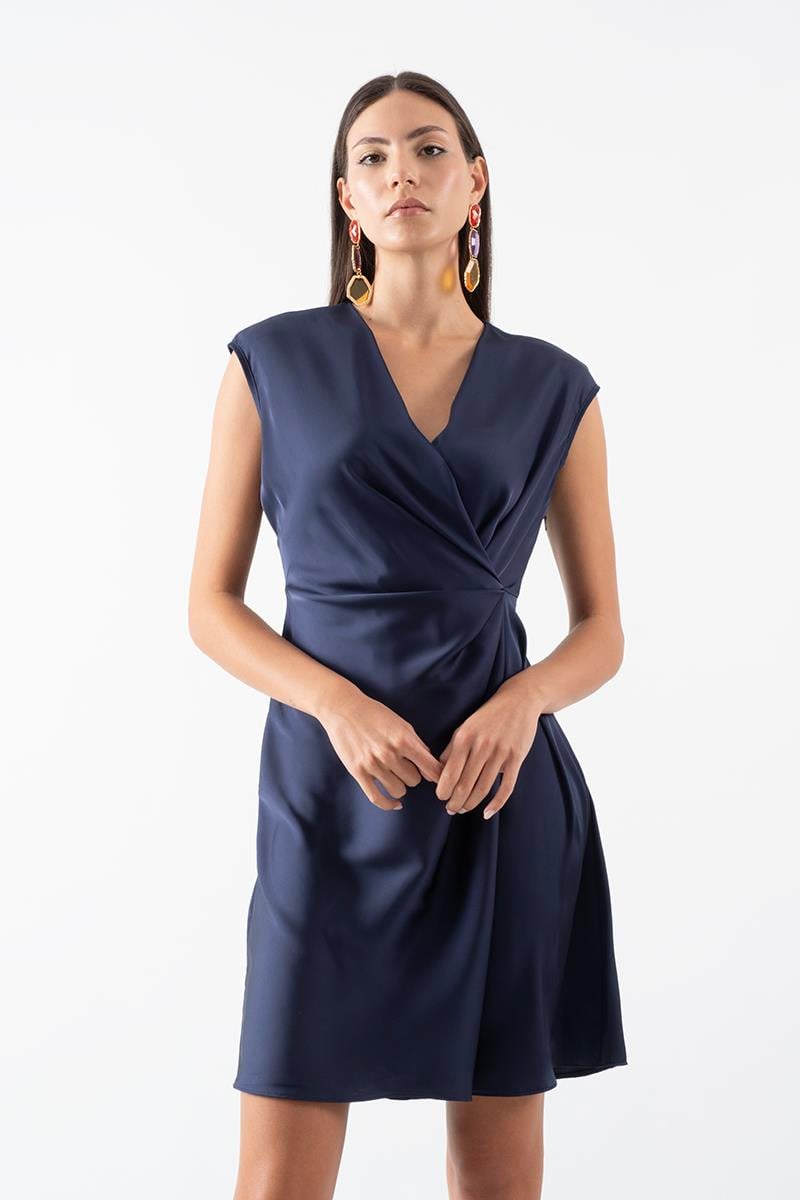 Rosanoff Kruvaze Yana Yandan Pileli Kolsuz Elbise LACİVERT