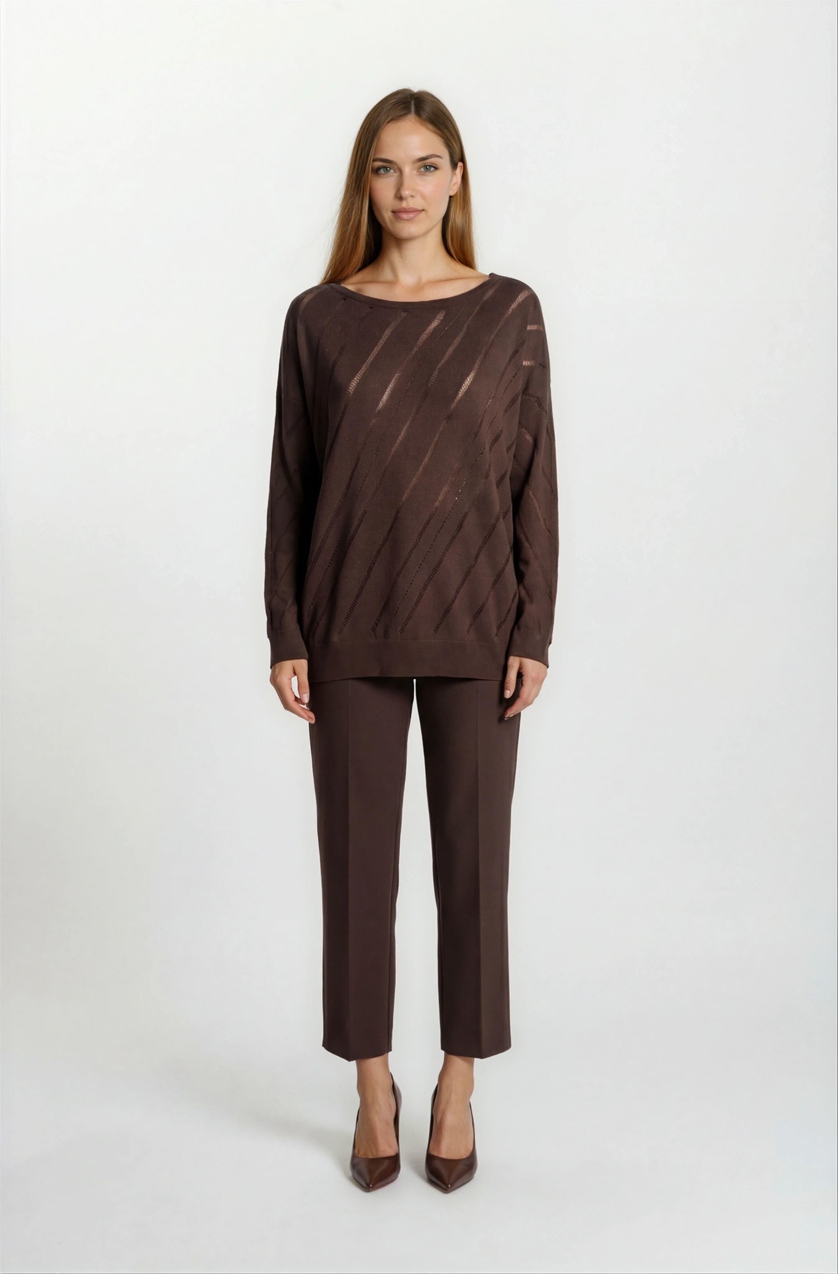 Rossovich Yuvarlak Yaka Transparan Çizgi Detaylı Triko KAHVE