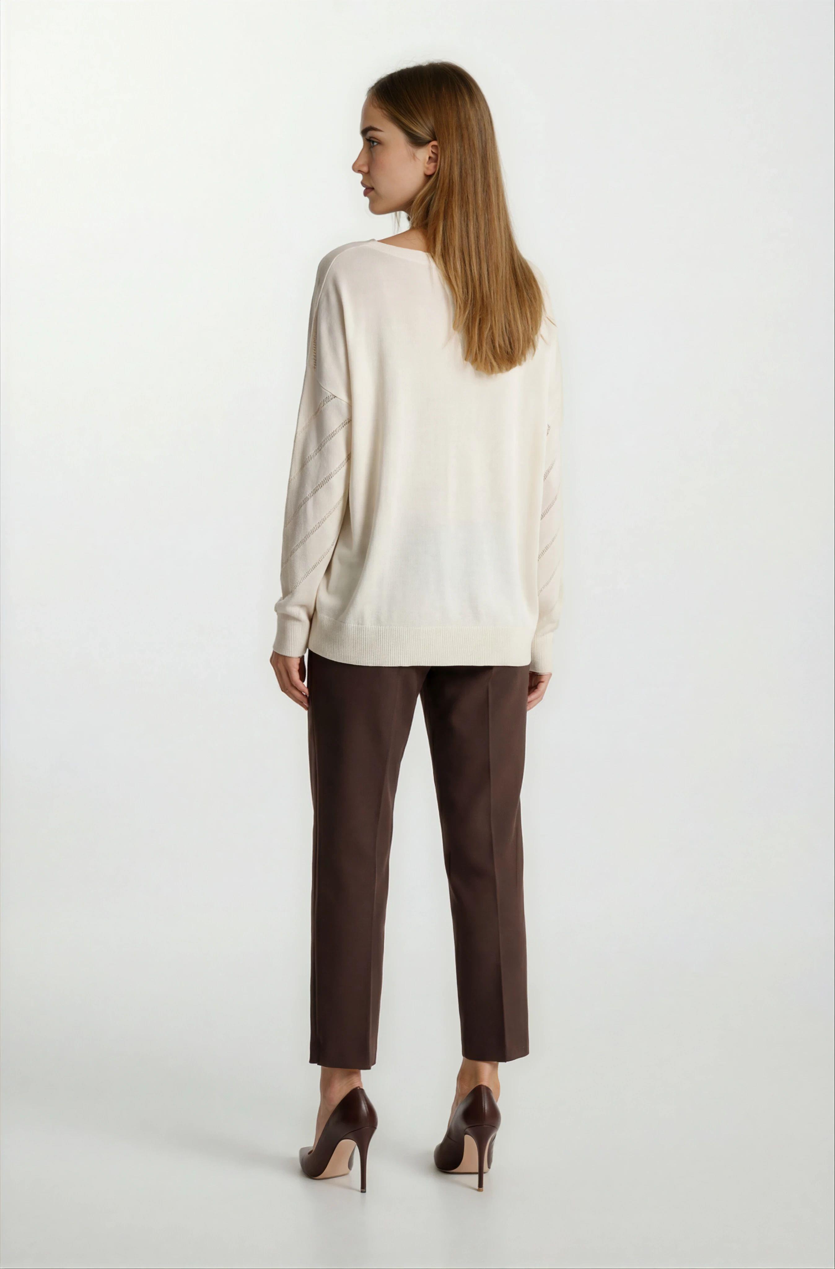 Rossovich Yuvarlak Yaka Transparan Çizgi Detaylı Triko BEJ