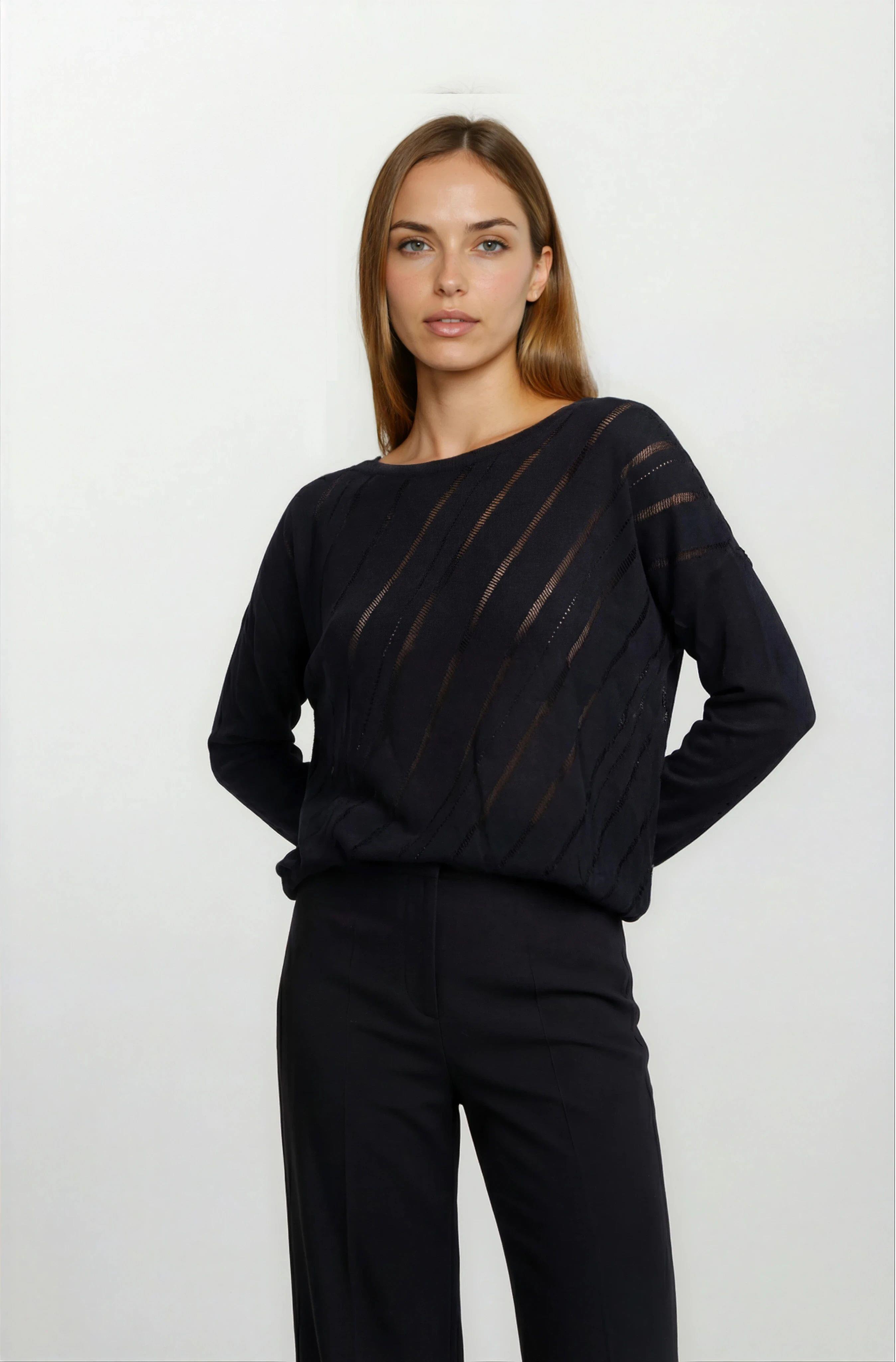 Rossovich Yuvarlak Yaka Transparan Çizgi Detaylı Triko SİYAH