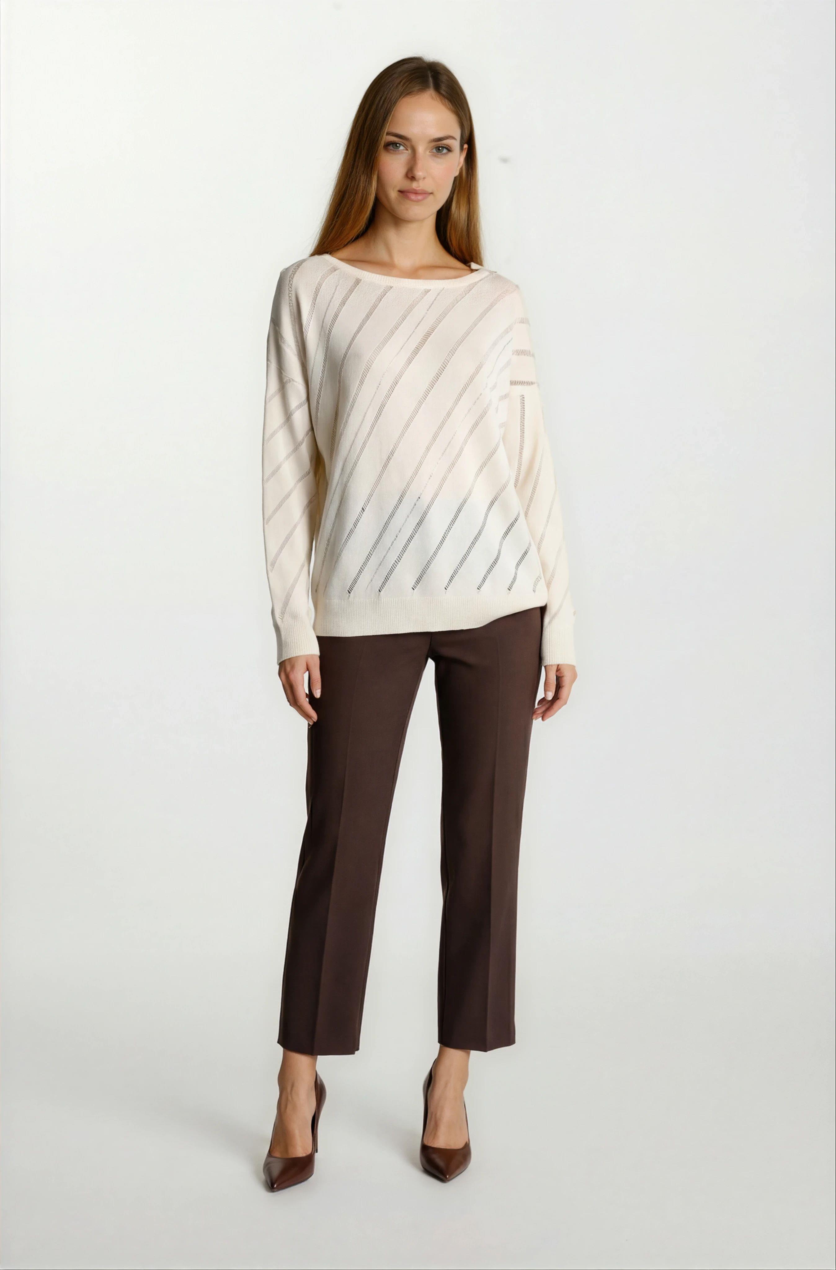 Rossovich Yuvarlak Yaka Transparan Çizgi Detaylı Triko BEJ