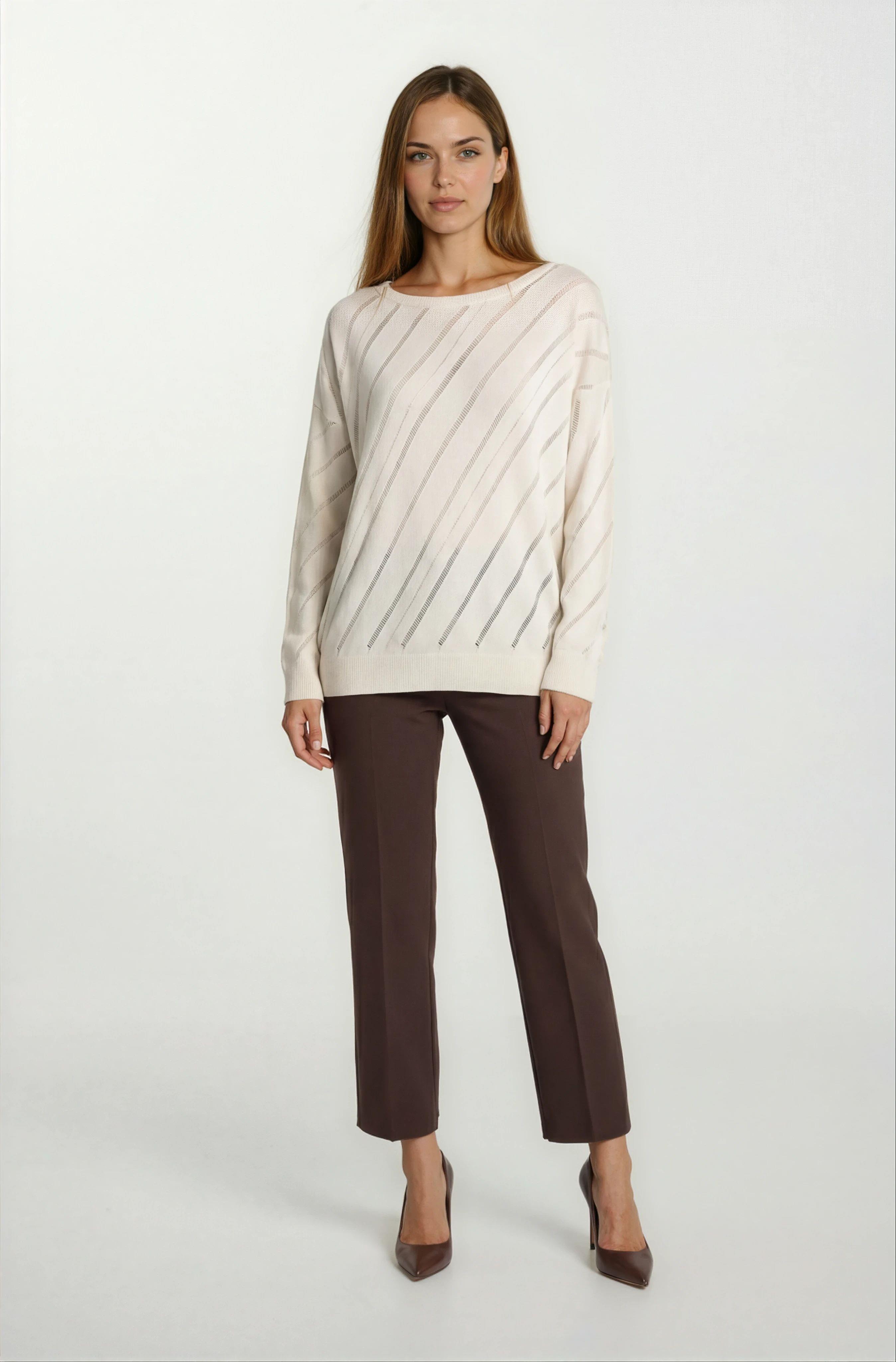 Rossovich Yuvarlak Yaka Transparan Çizgi Detaylı Triko BEJ