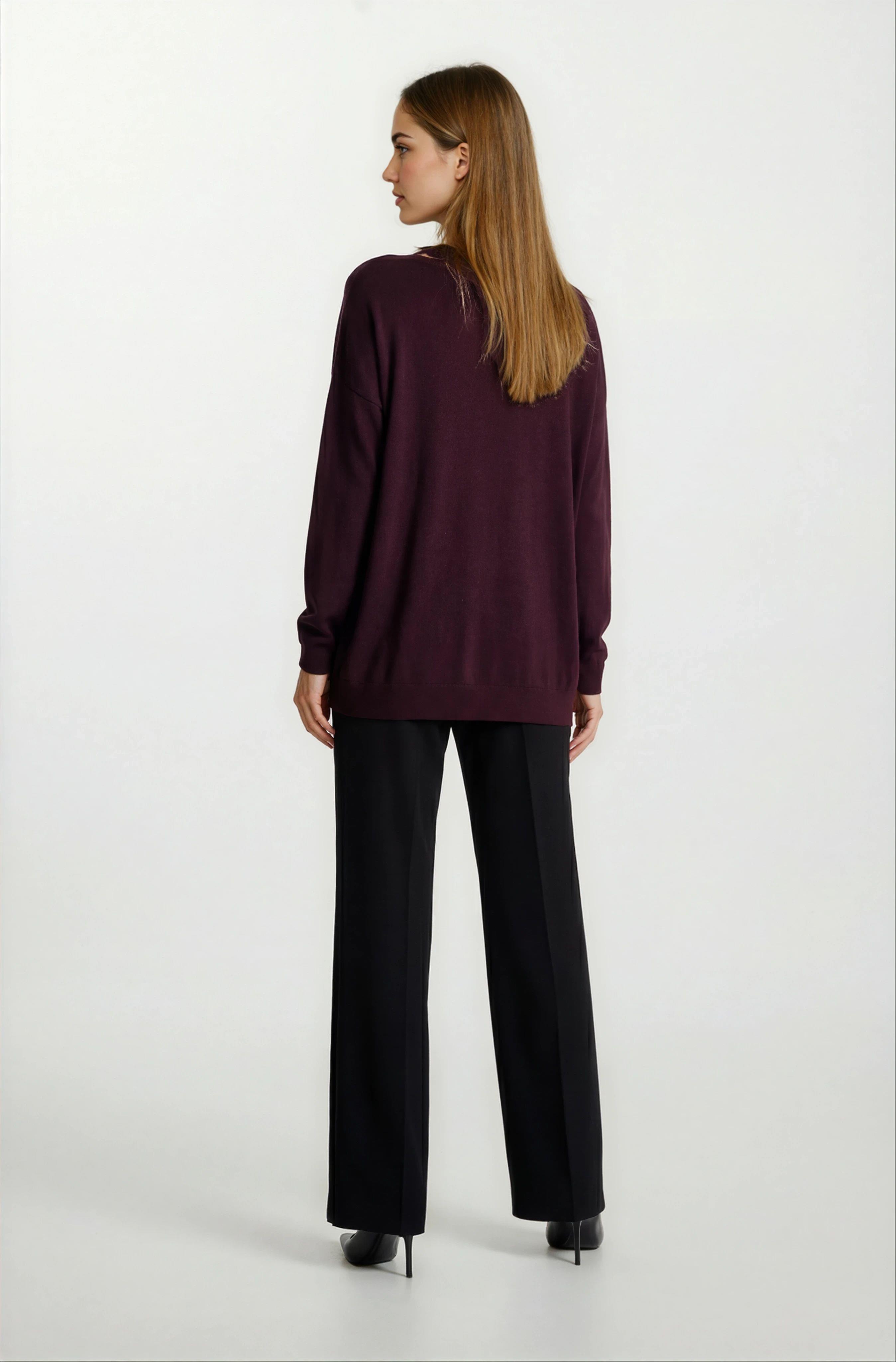 Rossovich Yuvarlak Yaka Transparan Çizgi Detaylı Triko BORDO