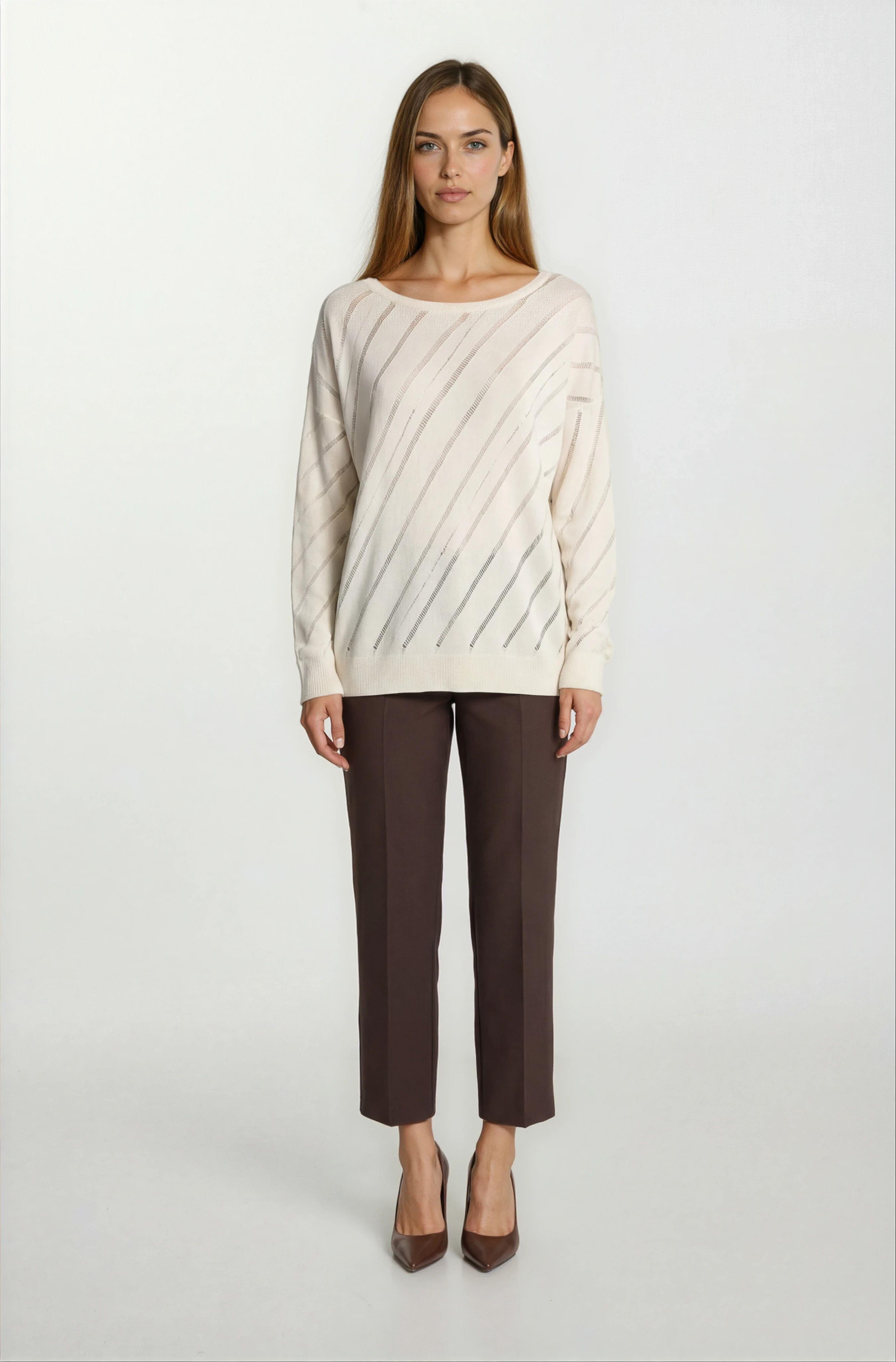 Rossovich Yuvarlak Yaka Transparan Çizgi Detaylı Triko BEJ