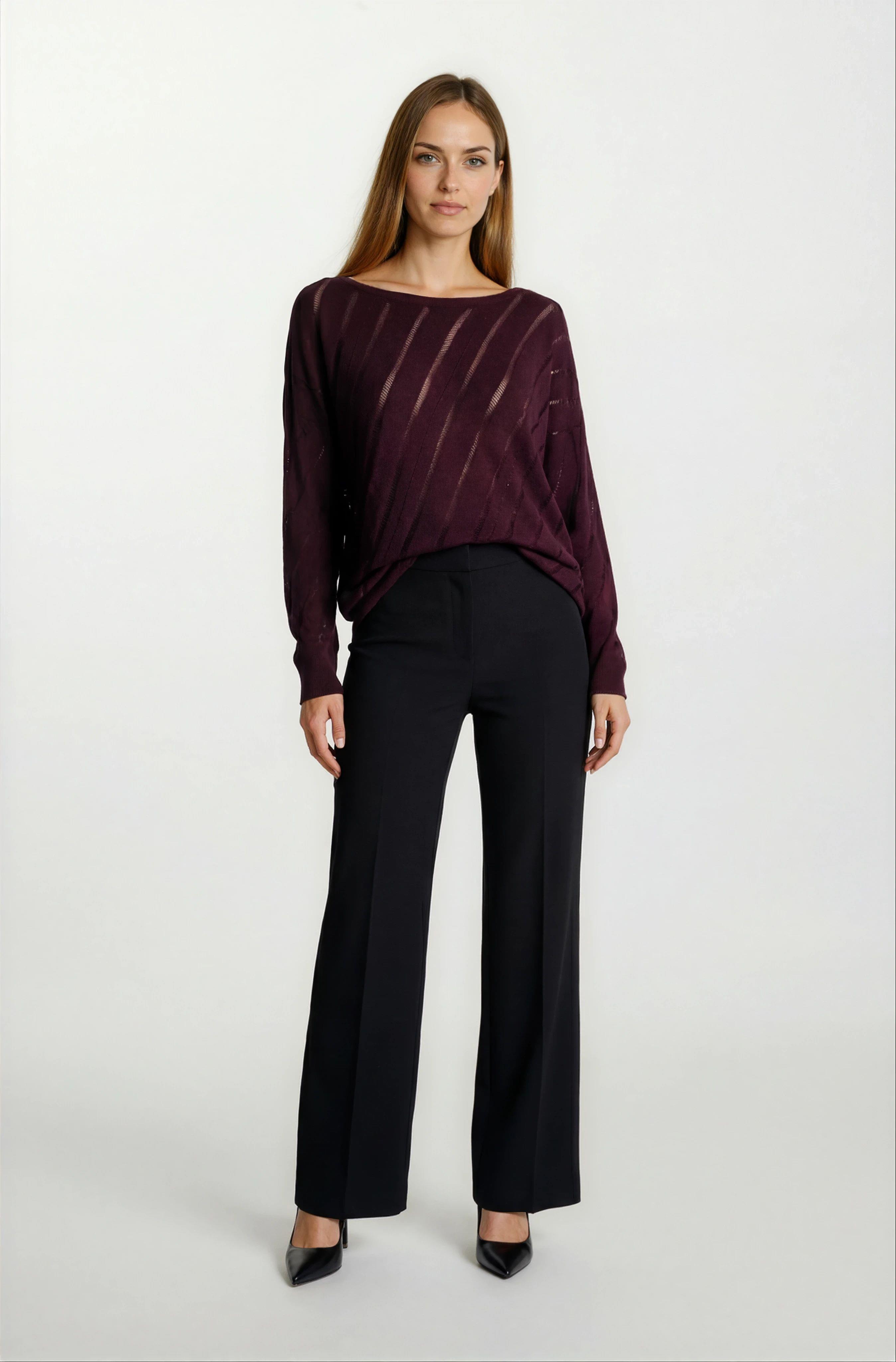 Rossovich Yuvarlak Yaka Transparan Çizgi Detaylı Triko BORDO