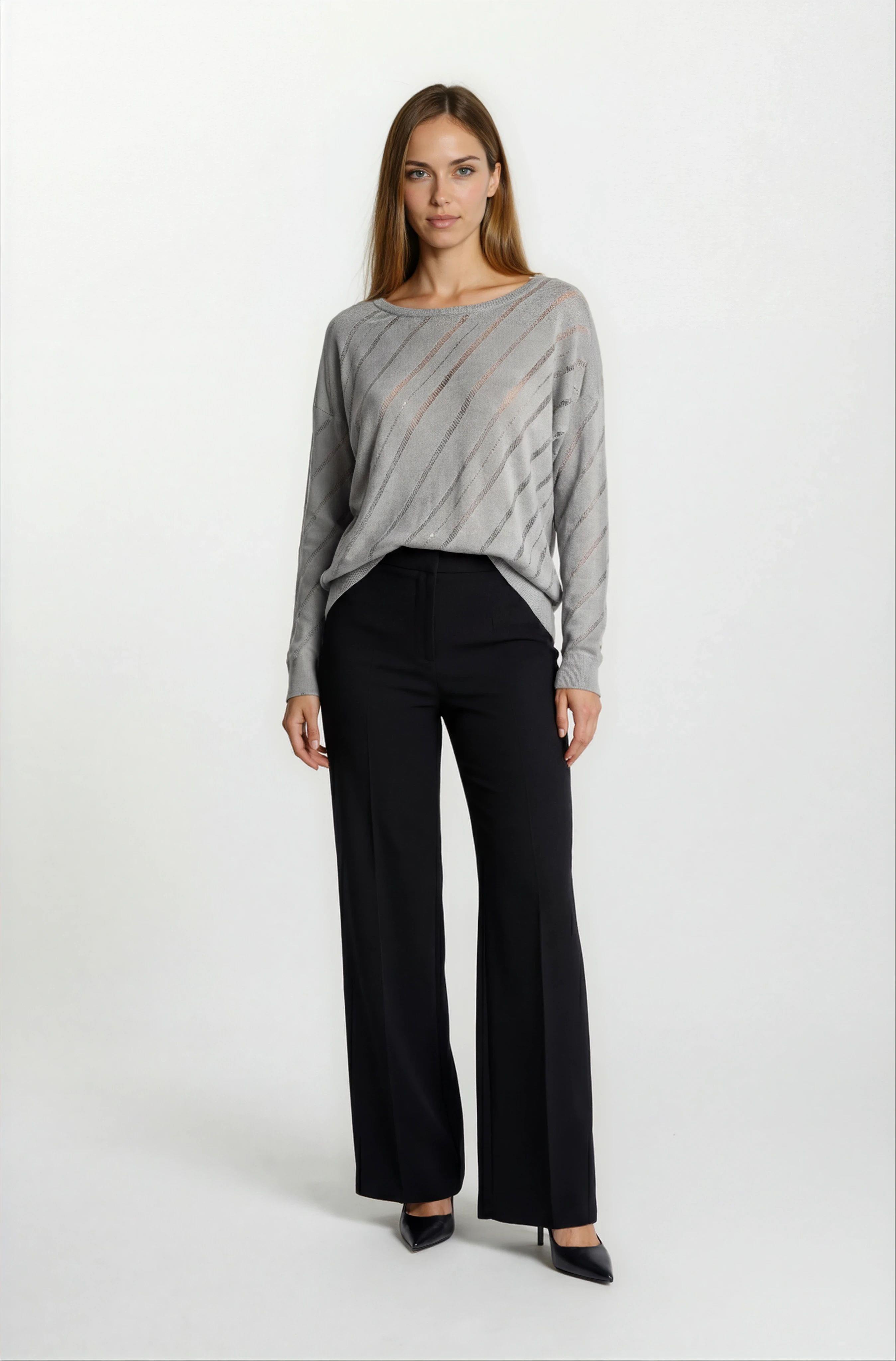 Rossovich Yuvarlak Yaka Transparan Çizgi Detaylı Triko GRİ