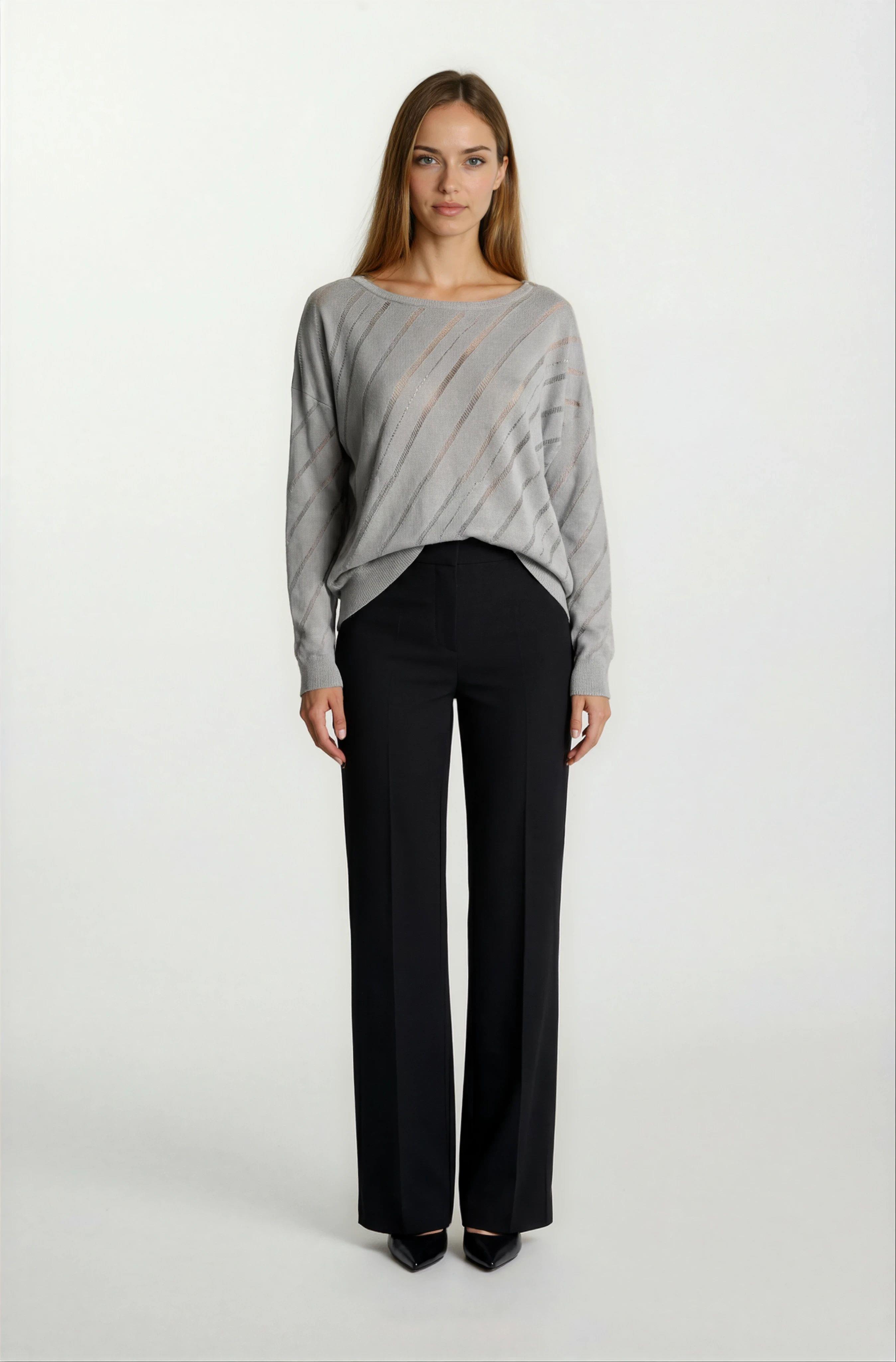 Rossovich Yuvarlak Yaka Transparan Çizgi Detaylı Triko GRİ