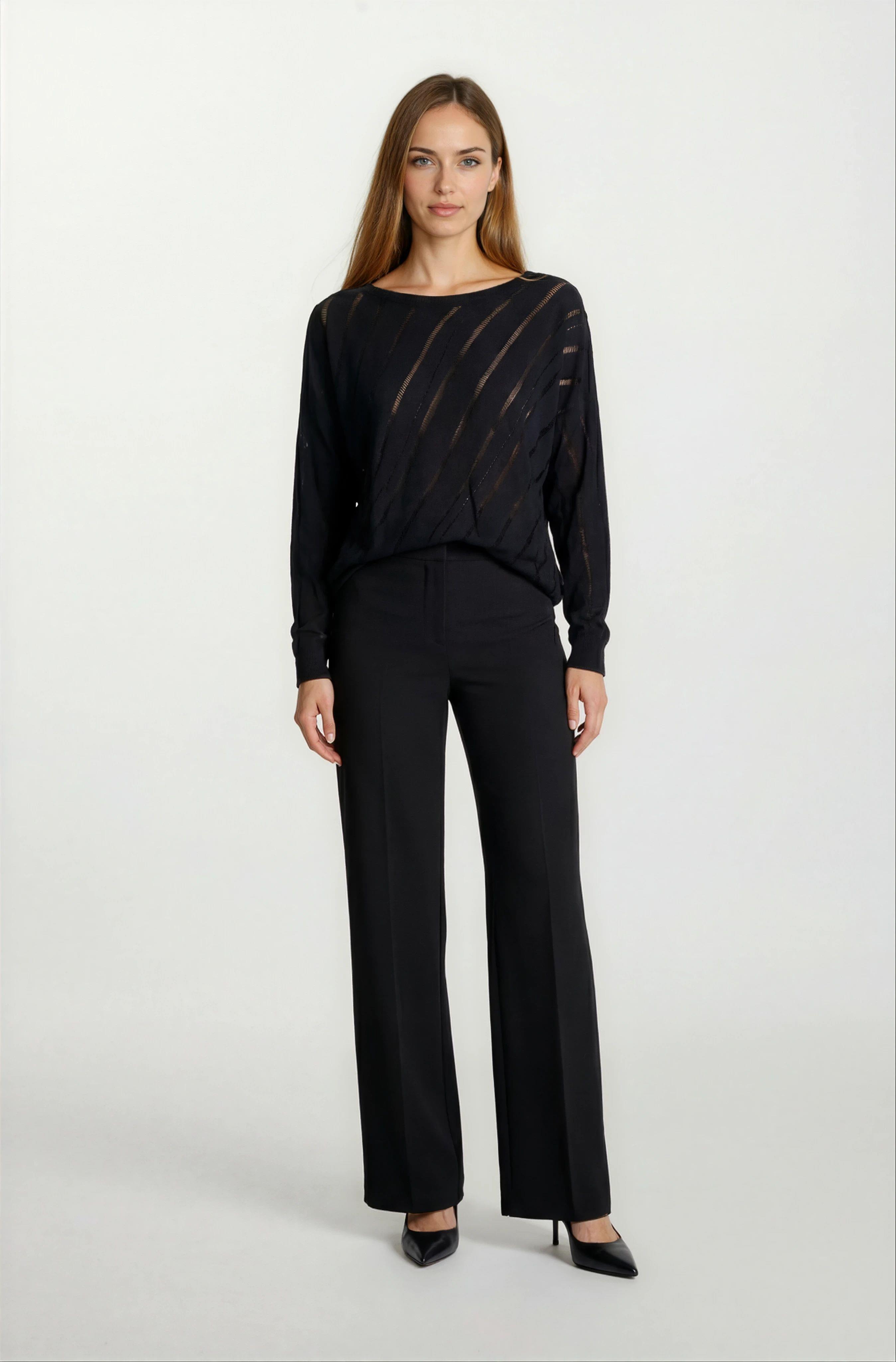 Rossovich Yuvarlak Yaka Transparan Çizgi Detaylı Triko SİYAH