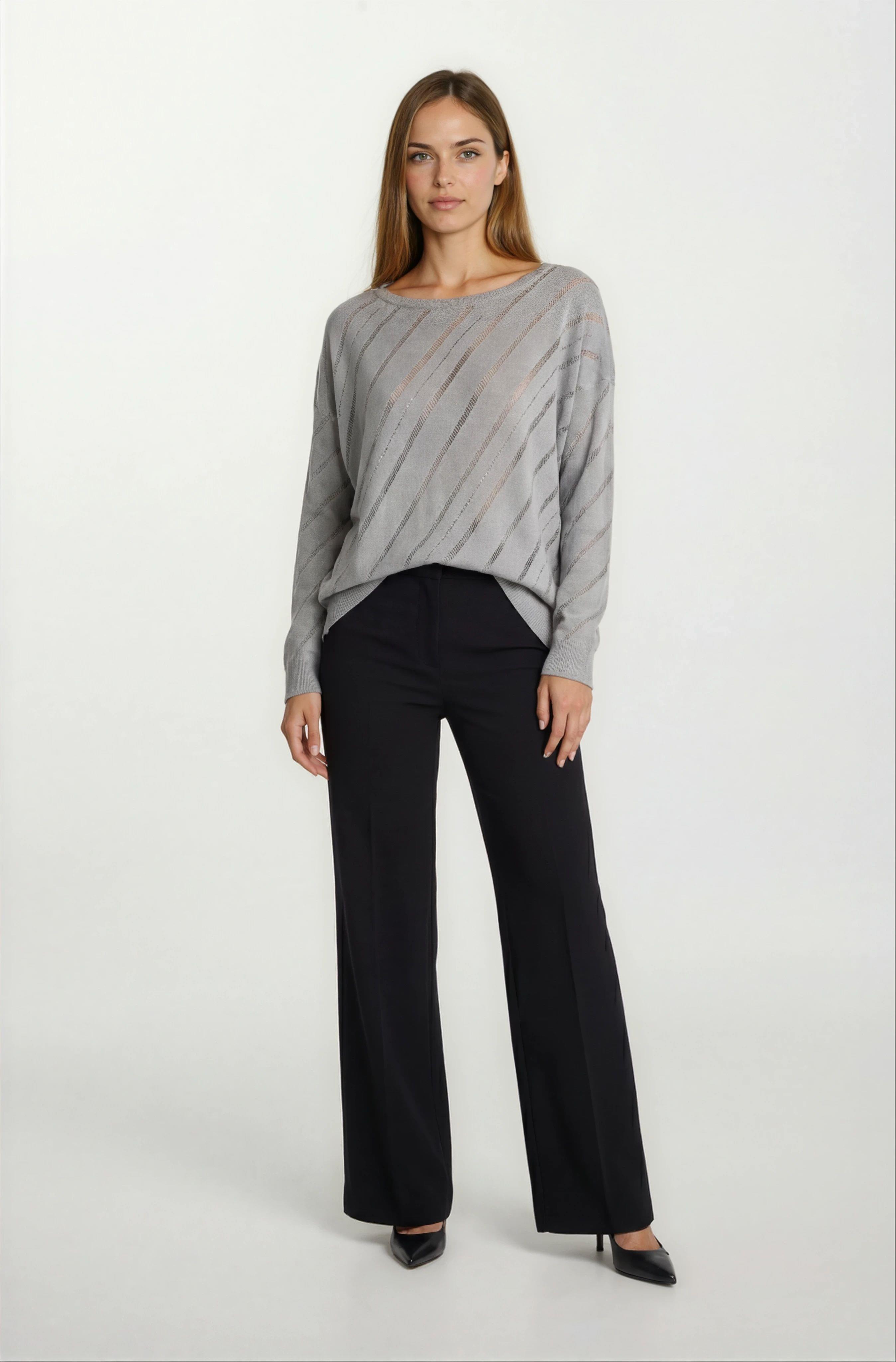 Rossovich Yuvarlak Yaka Transparan Çizgi Detaylı Triko GRİ