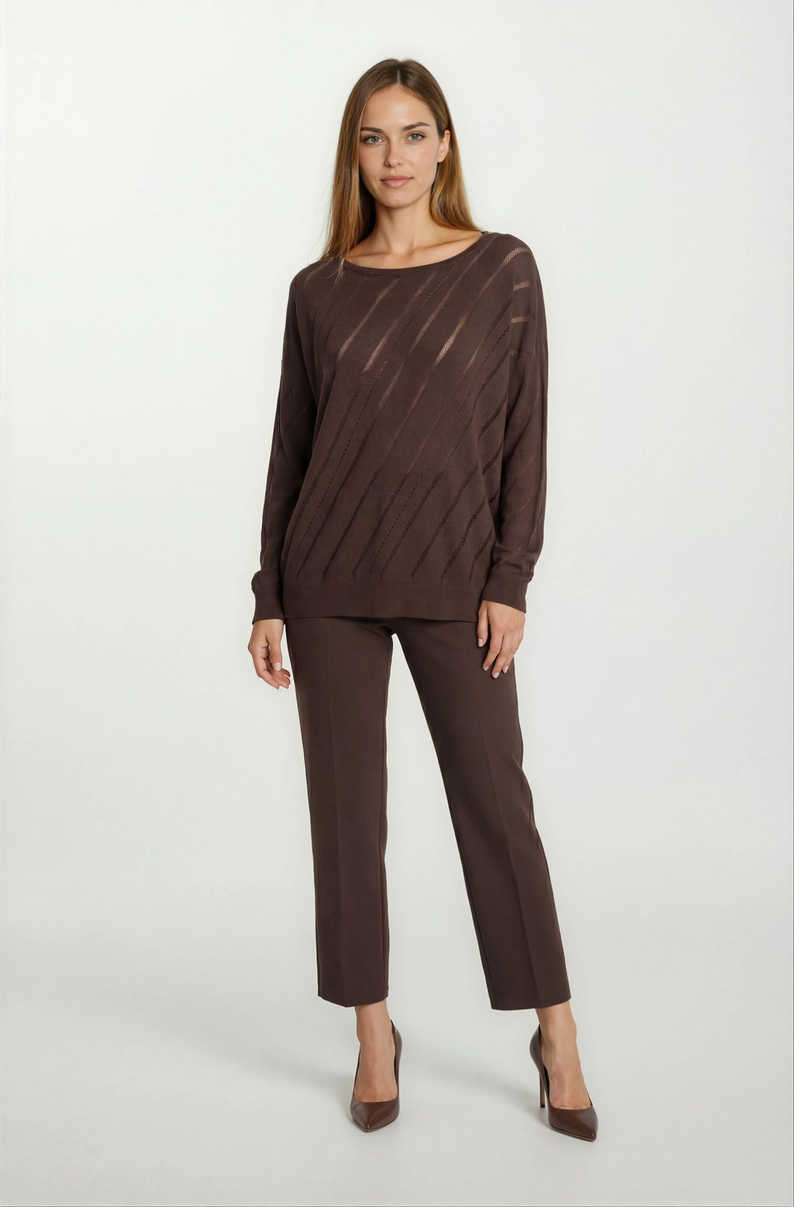 Rossovich Yuvarlak Yaka Transparan Çizgi Detaylı Triko KAHVE