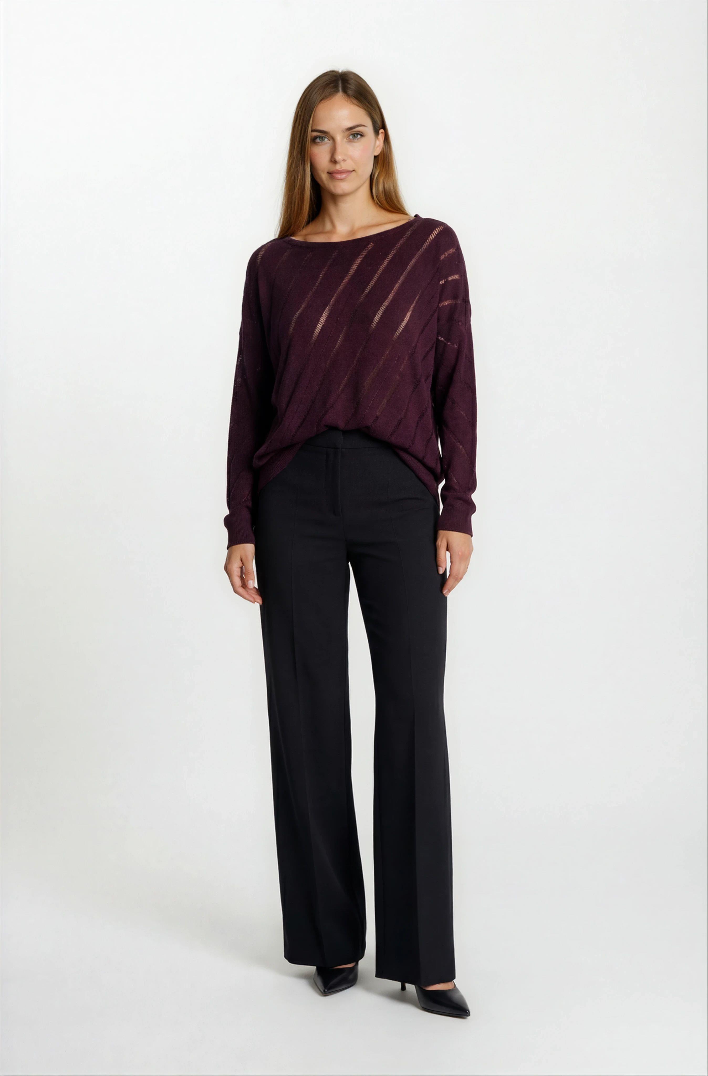 Rossovich Yuvarlak Yaka Transparan Çizgi Detaylı Triko BORDO