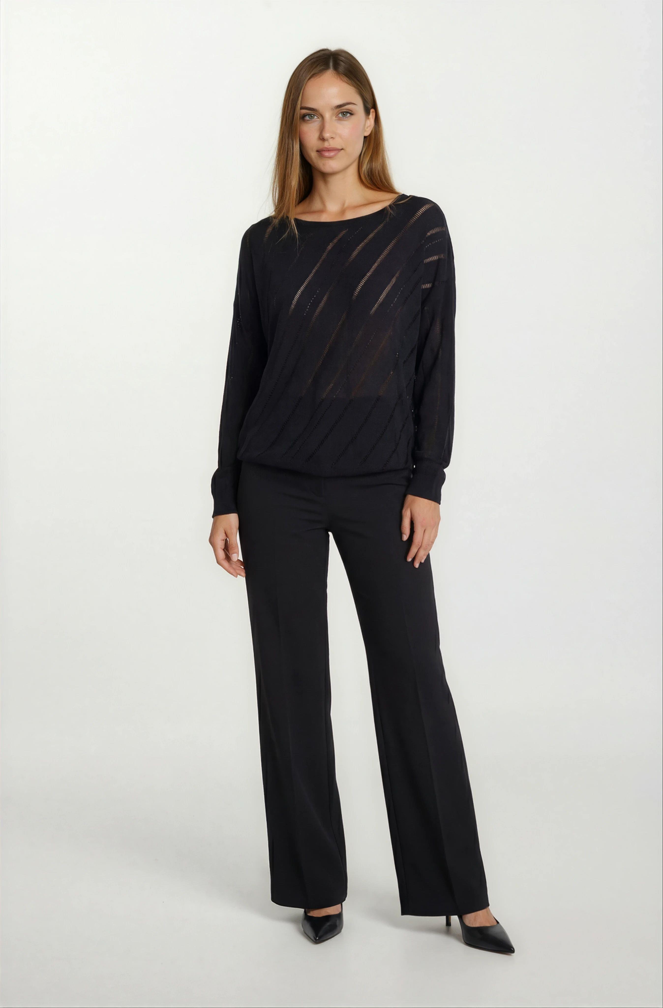 Rossovich Yuvarlak Yaka Transparan Çizgi Detaylı Triko SİYAH