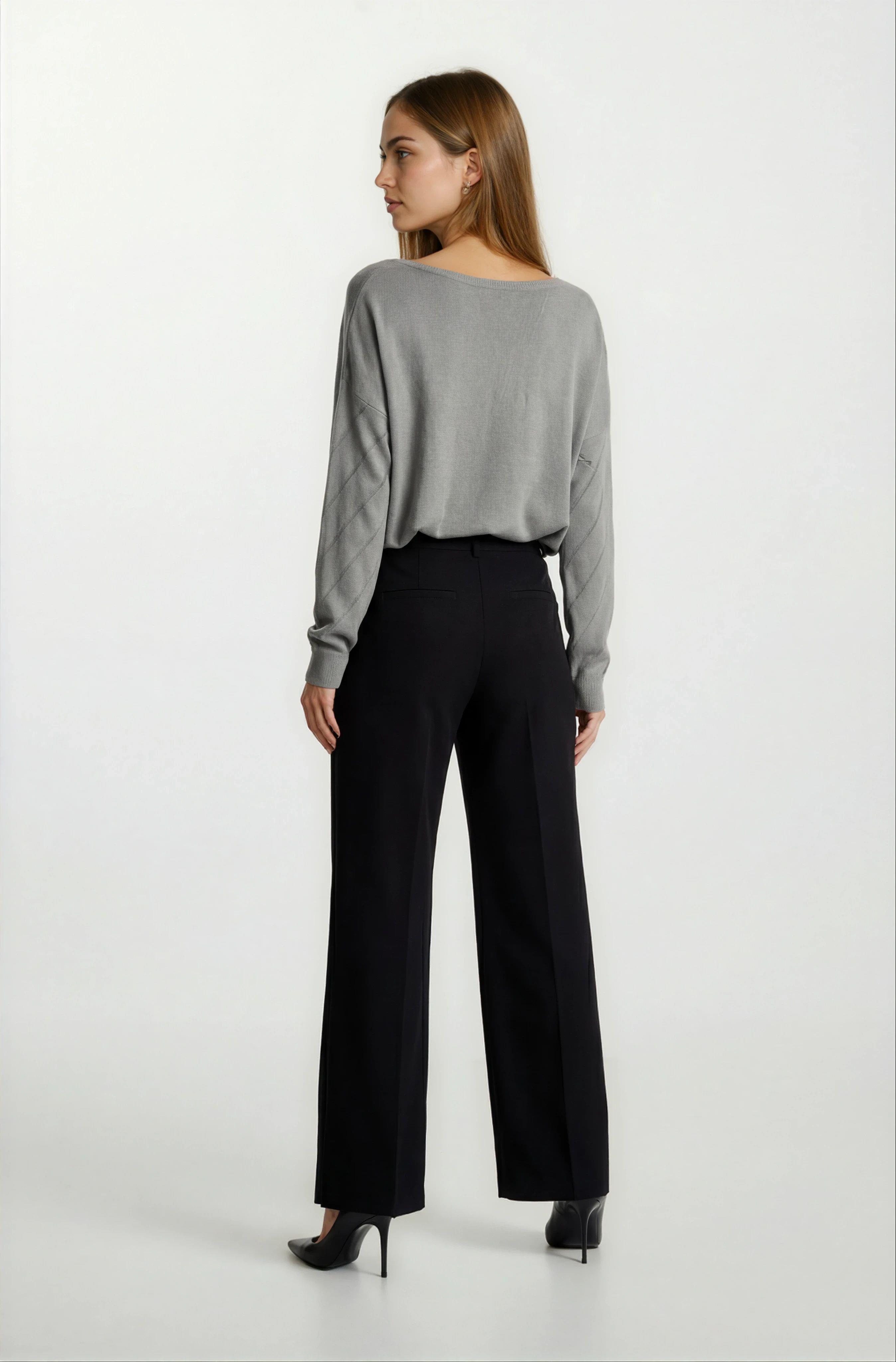 Rossovich Yuvarlak Yaka Transparan Çizgi Detaylı Triko GRİ