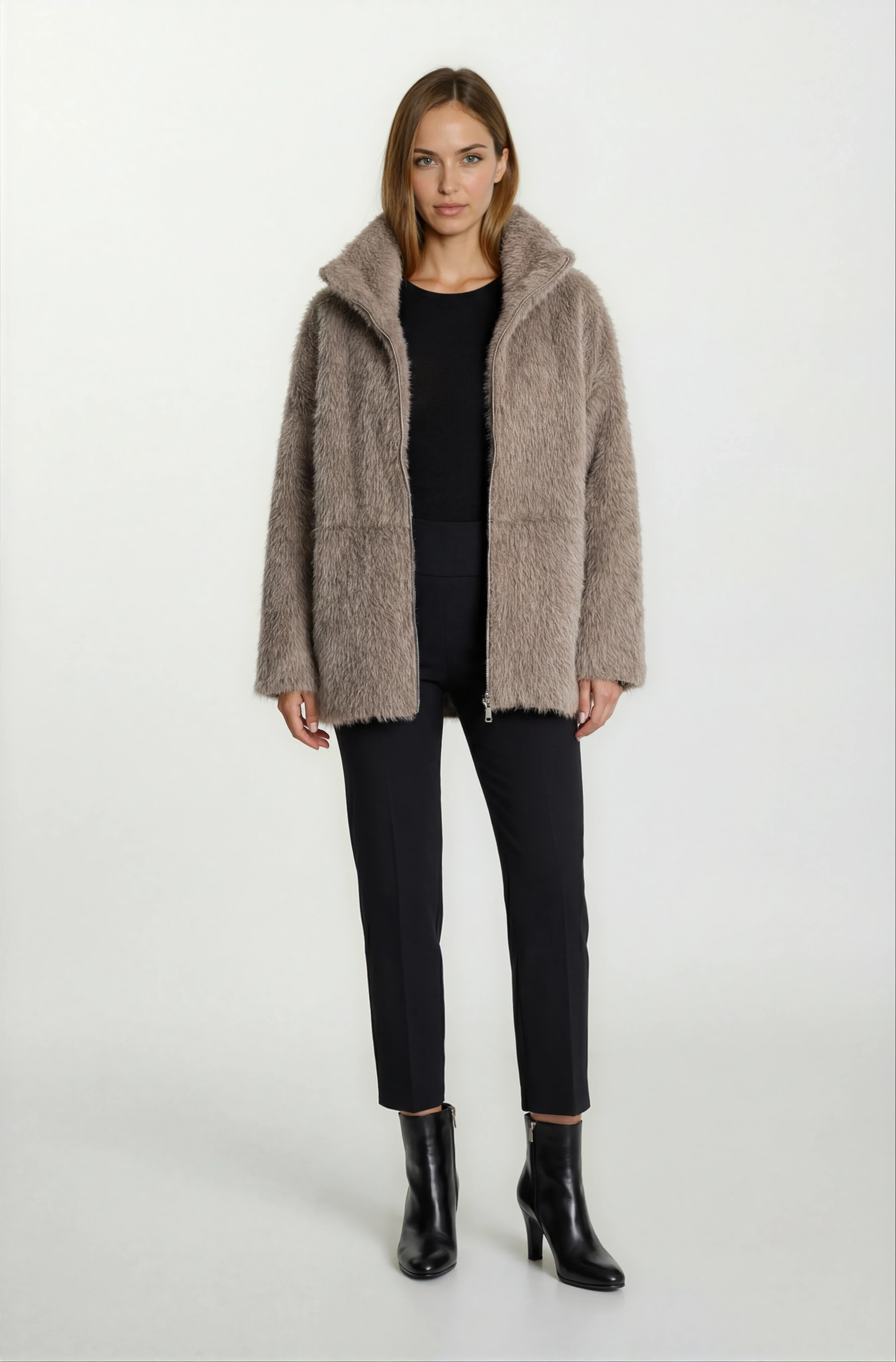 Rossum Dik Yaka Önü Fermuarlı Kaban CAMEL