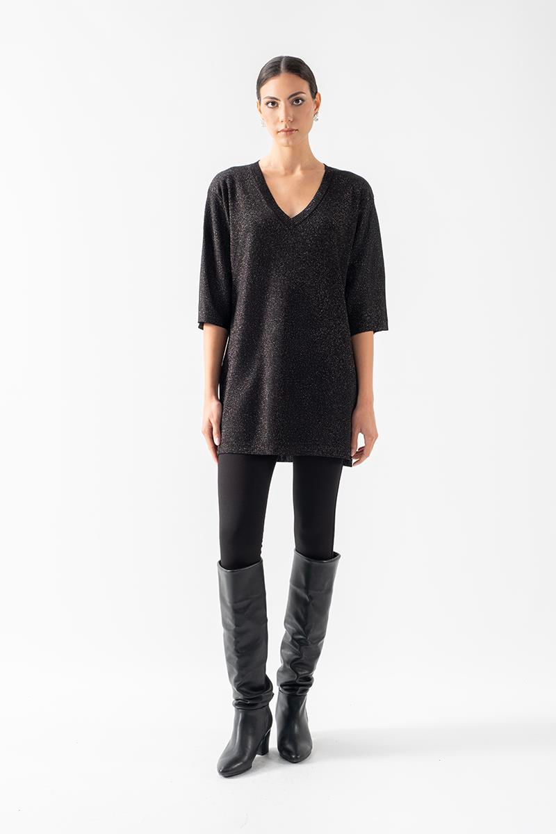 Rushing V Yaka Uzun Kol Yanı Yırtmaçlı Simli Triko SİYAH