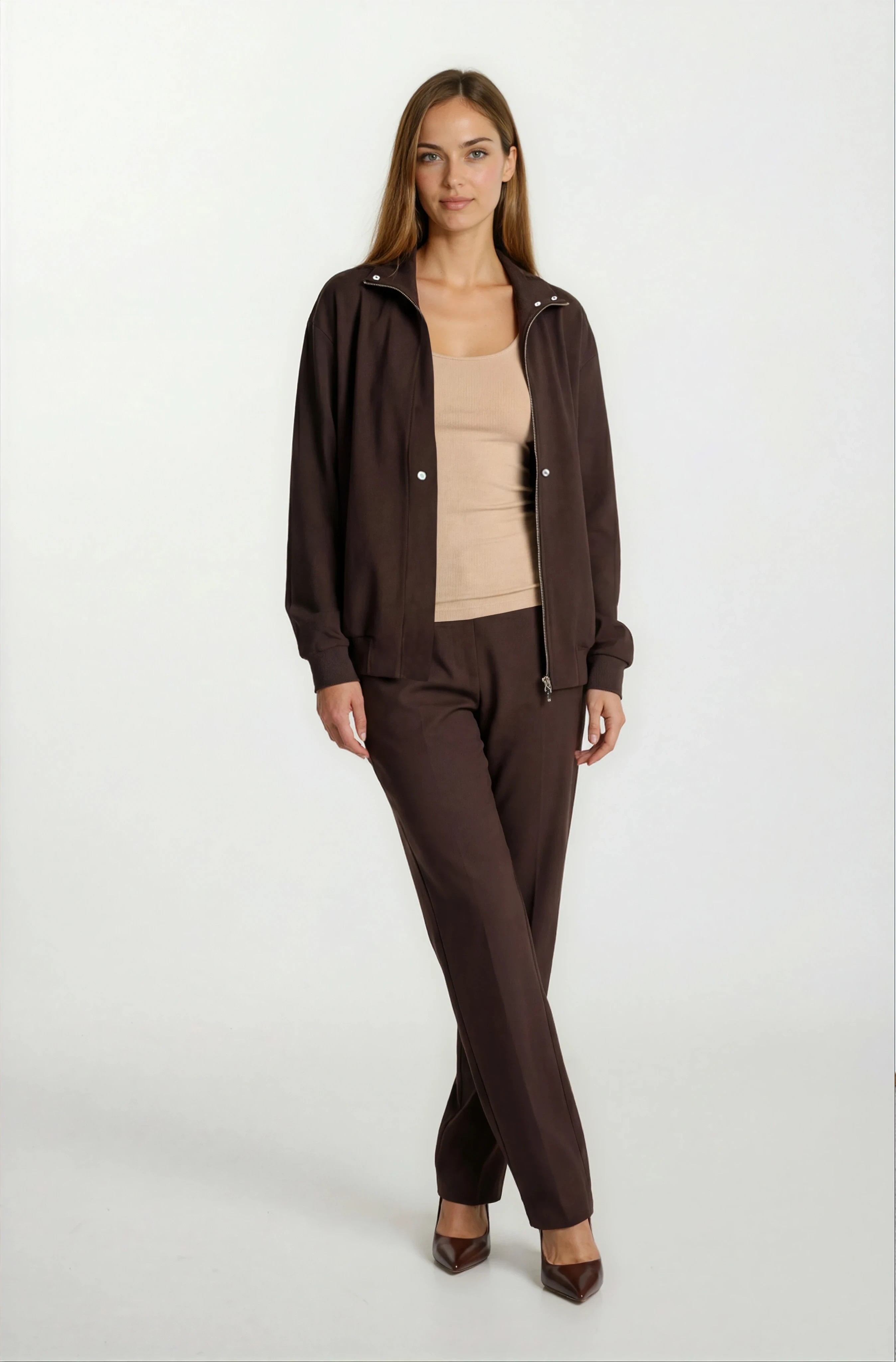 Russum Dik Yaka Önden Fermuarlı Kuşaklı Mont KAHVE