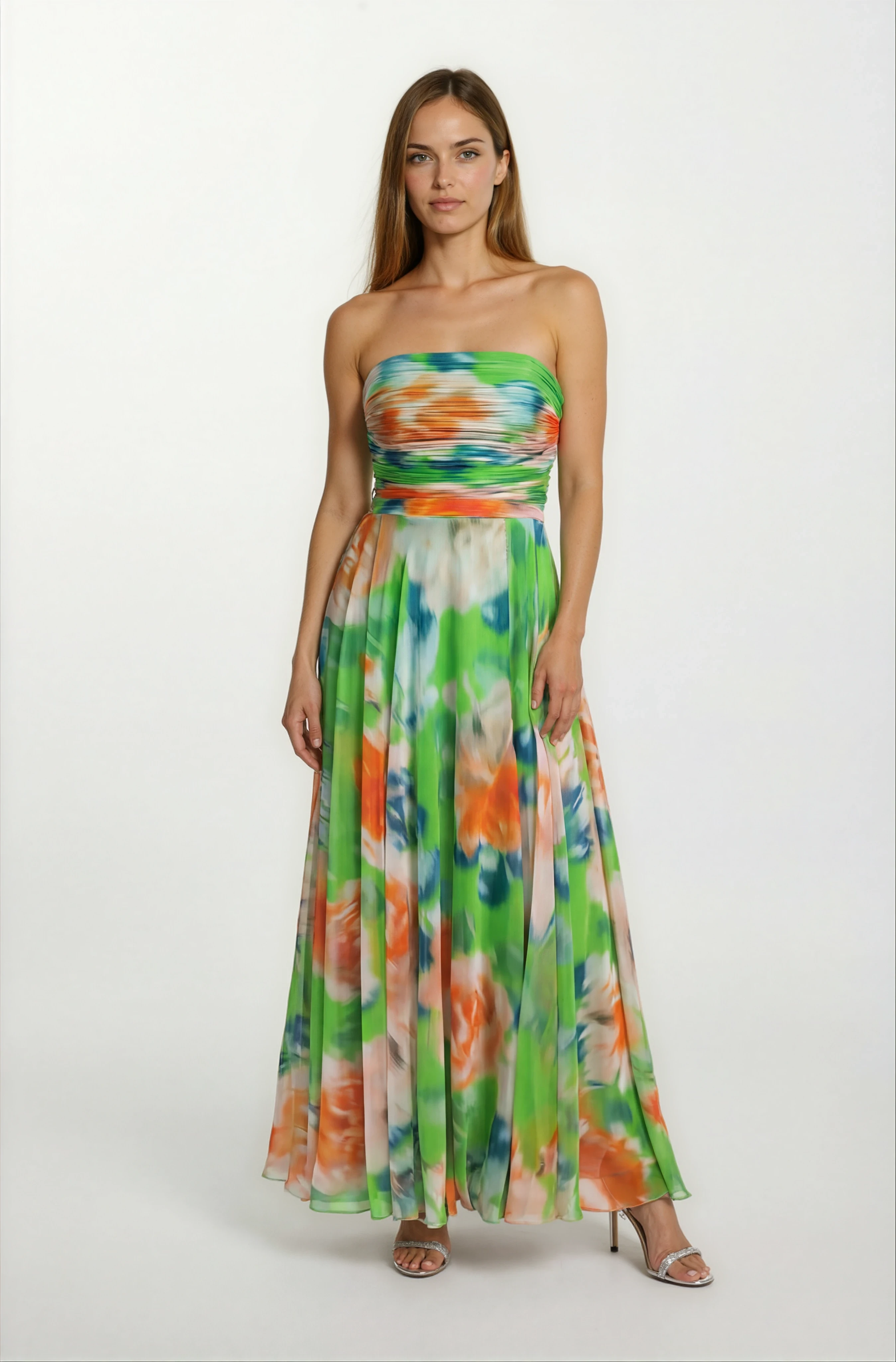 Safina İnce Askılı Göğüs Piliseli Straplez Yırtmaçlı Uzun Abiye Elbise YEŞİL