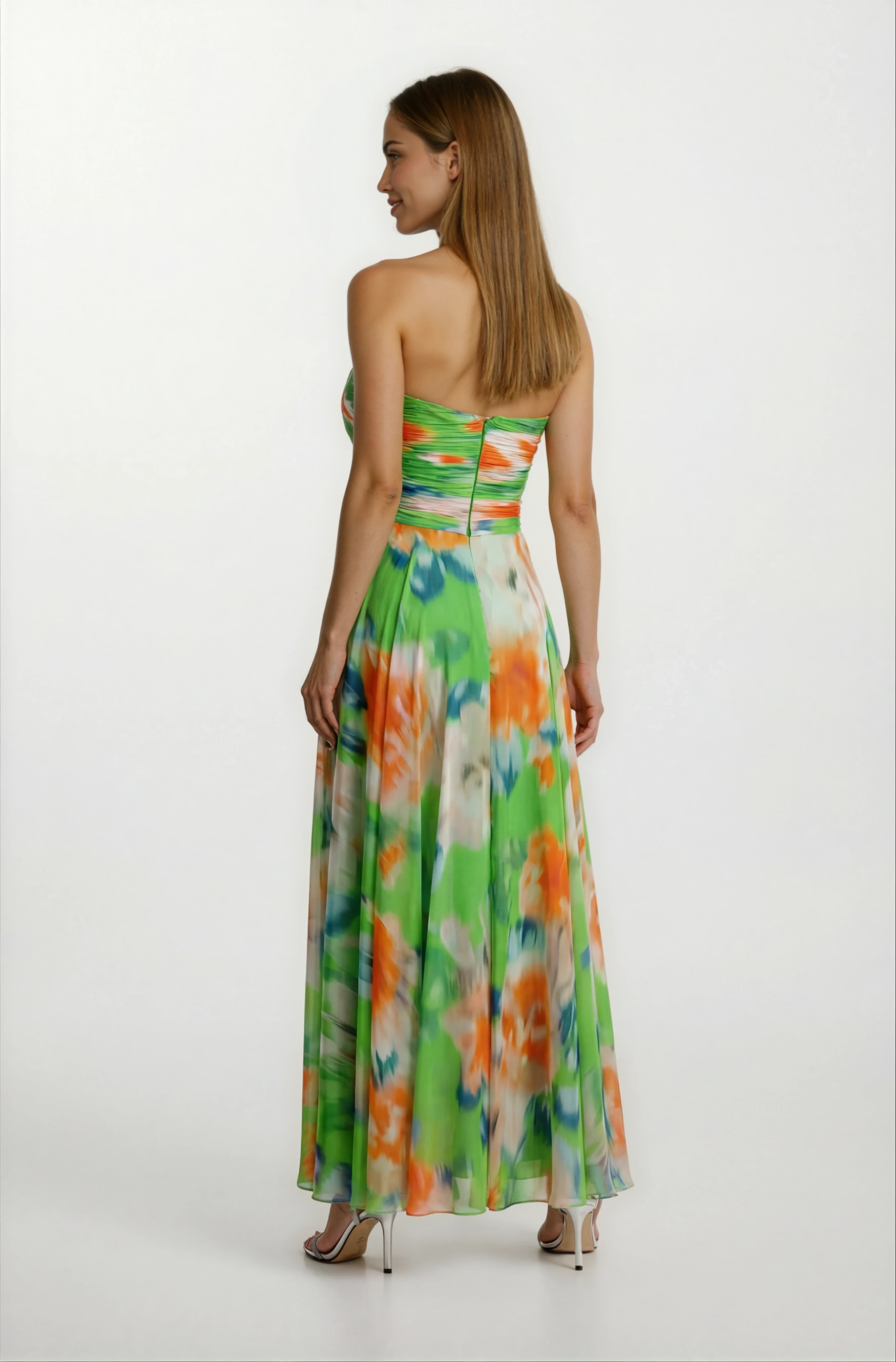 Safina İnce Askılı Göğüs Piliseli Straplez Yırtmaçlı Uzun Abiye Elbise YEŞİL