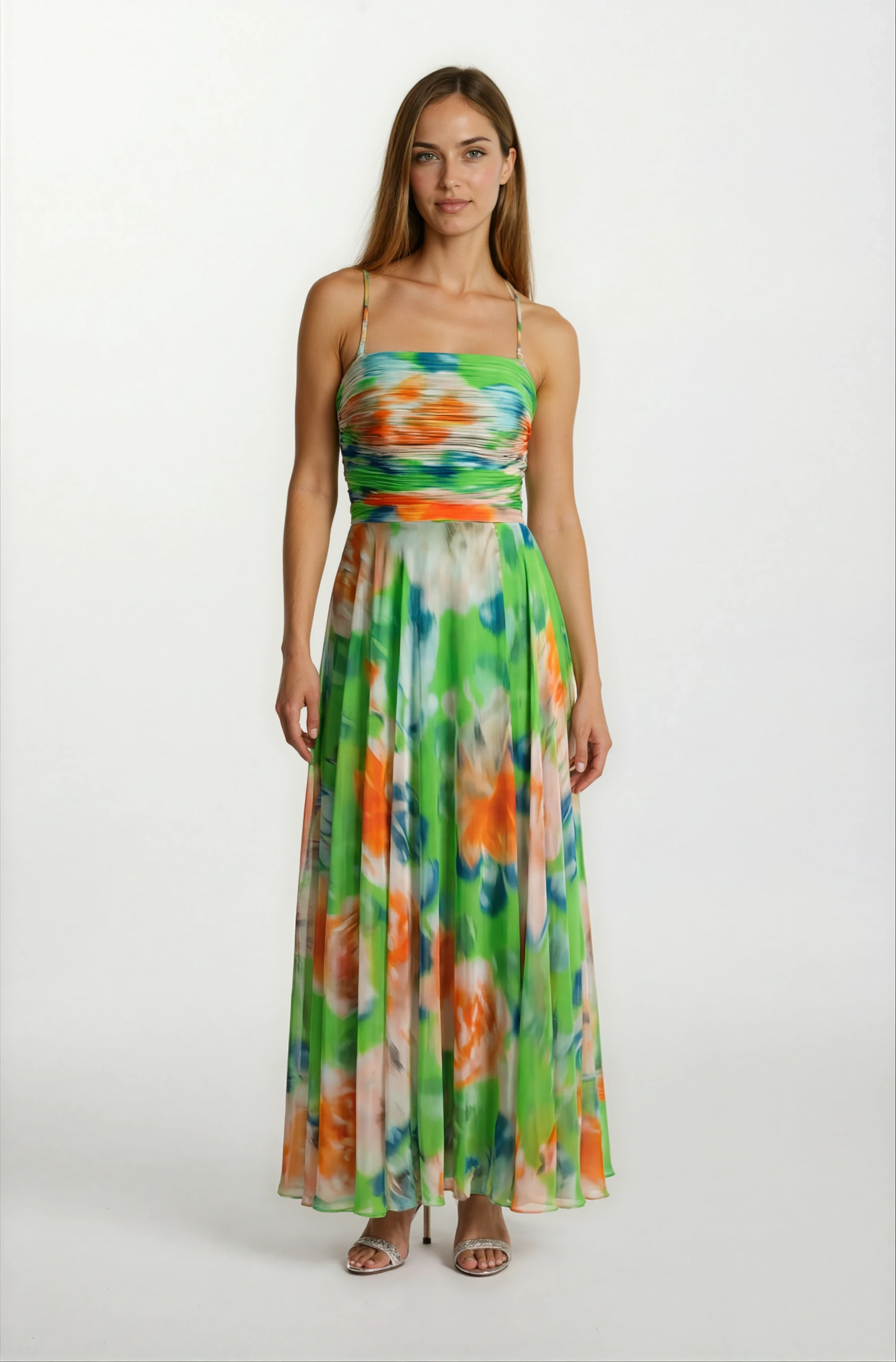 Safina İnce Askılı Göğüs Piliseli Straplez Yırtmaçlı Uzun Abiye Elbise YEŞİL