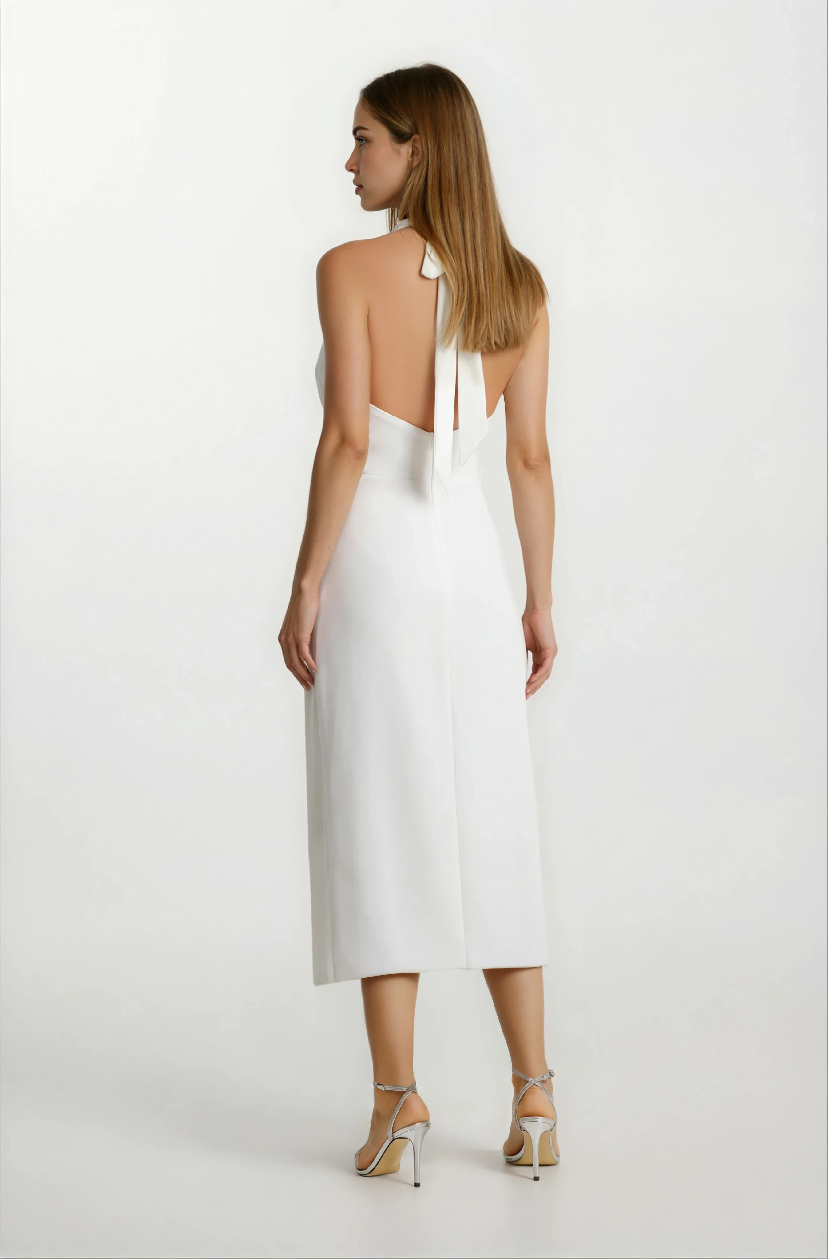 Sagnier Degaje Yaka Boyundan Bağlamalı Asimetrik Etek Midi Abiye Elbise EKRU