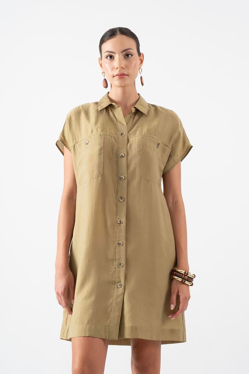 Salvadori Gömlek Yaka Önü Düğmeli Düşük Kol Elbise YEŞİL