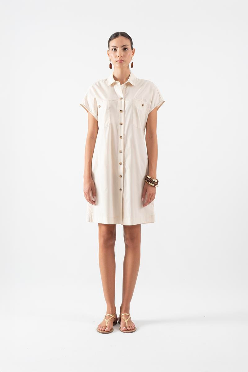 Salvadori Gömlek Yaka Önü Düğmeli Düşük Kol Elbise BEJ