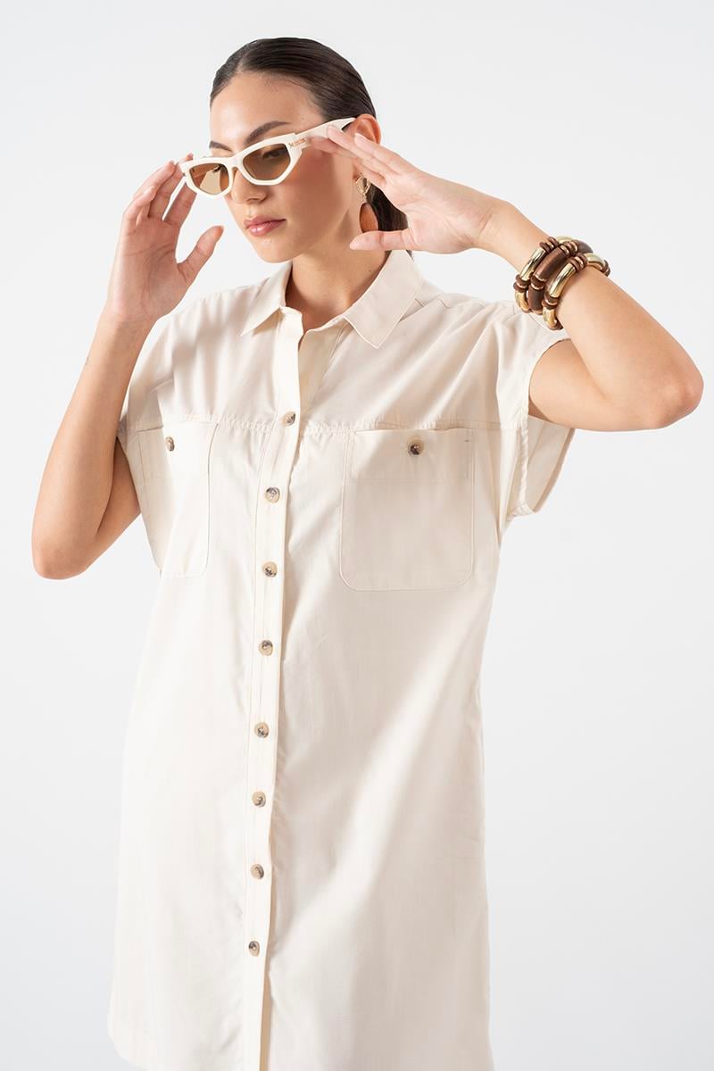 Salvadori Gömlek Yaka Önü Düğmeli Düşük Kol Elbise BEJ