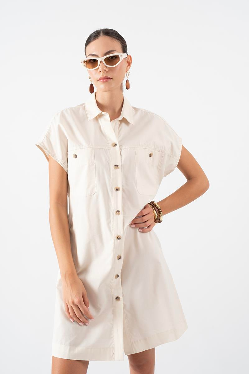 Salvadori Gömlek Yaka Önü Düğmeli Düşük Kol Elbise BEJ