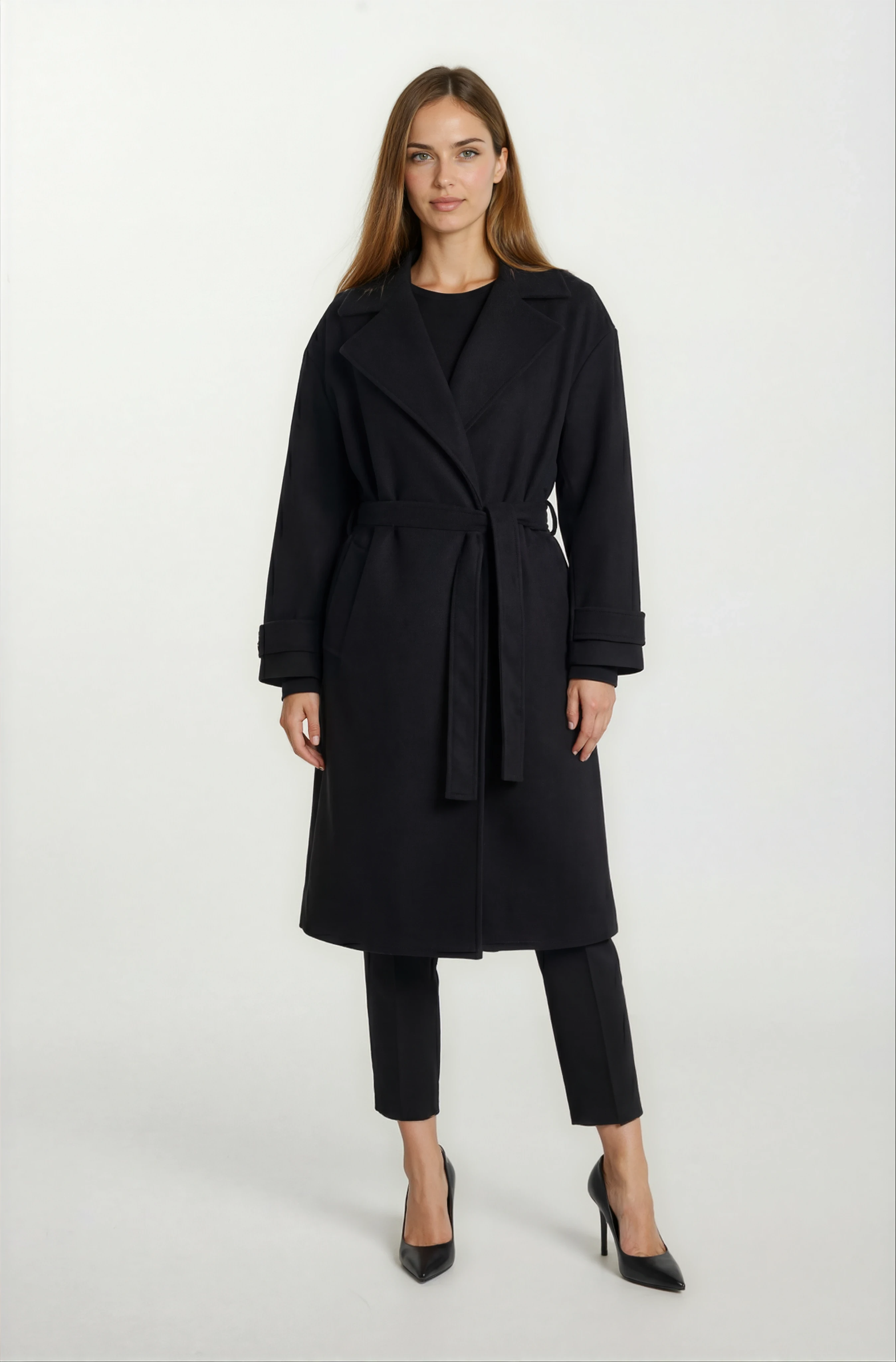 Sanders Kruvaze Yaka Yandan Cepli Çıtıçıtlı Kuşaklı Kaban SİYAH