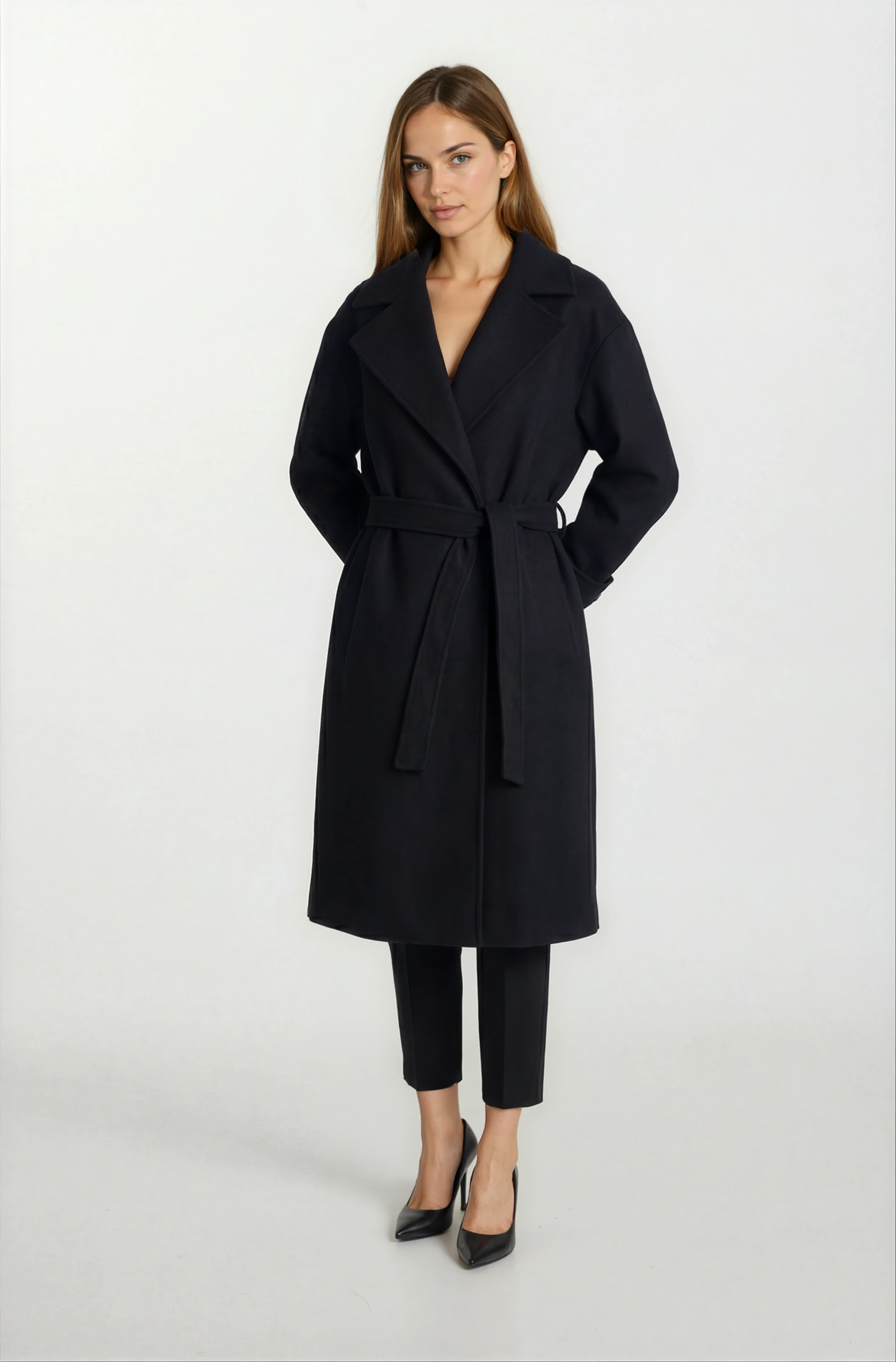 Sanders Kruvaze Yaka Yandan Cepli Çıtıçıtlı Kuşaklı Kaban SİYAH