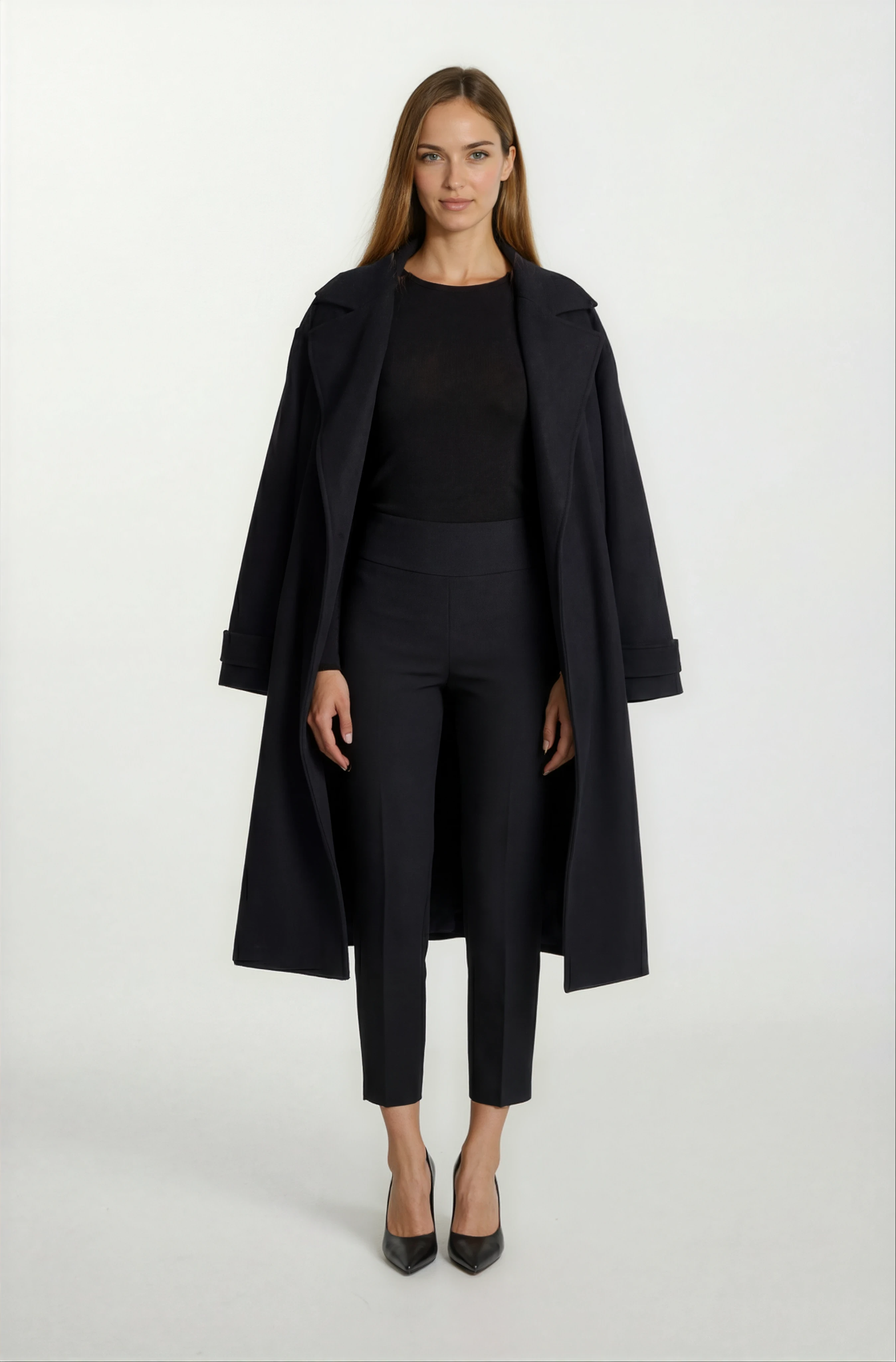 Sanders Kruvaze Yaka Yandan Cepli Çıtıçıtlı Kuşaklı Kaban SİYAH