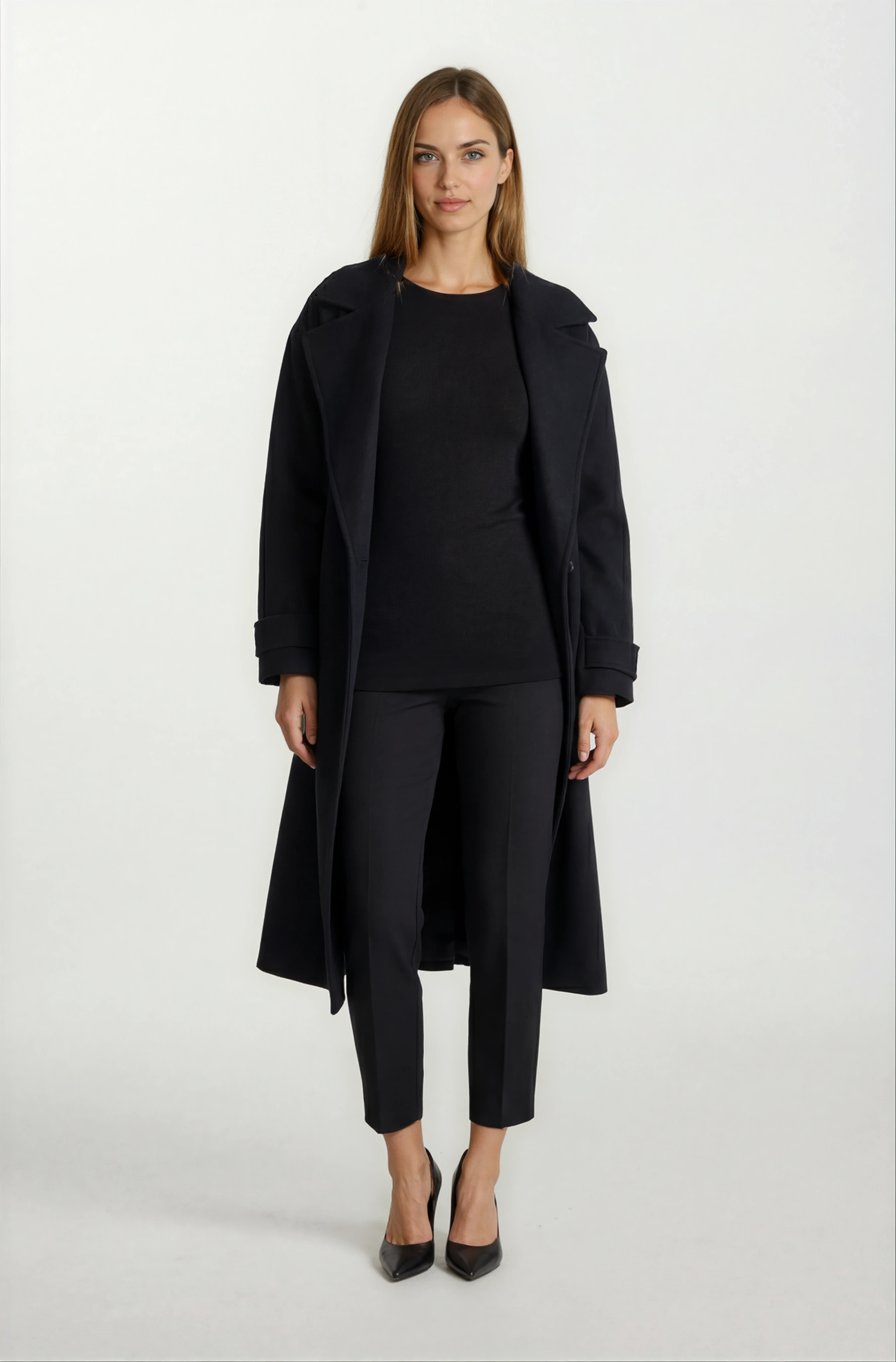 Sanders Kruvaze Yaka Yandan Cepli Çıtıçıtlı Kuşaklı Kaban SİYAH