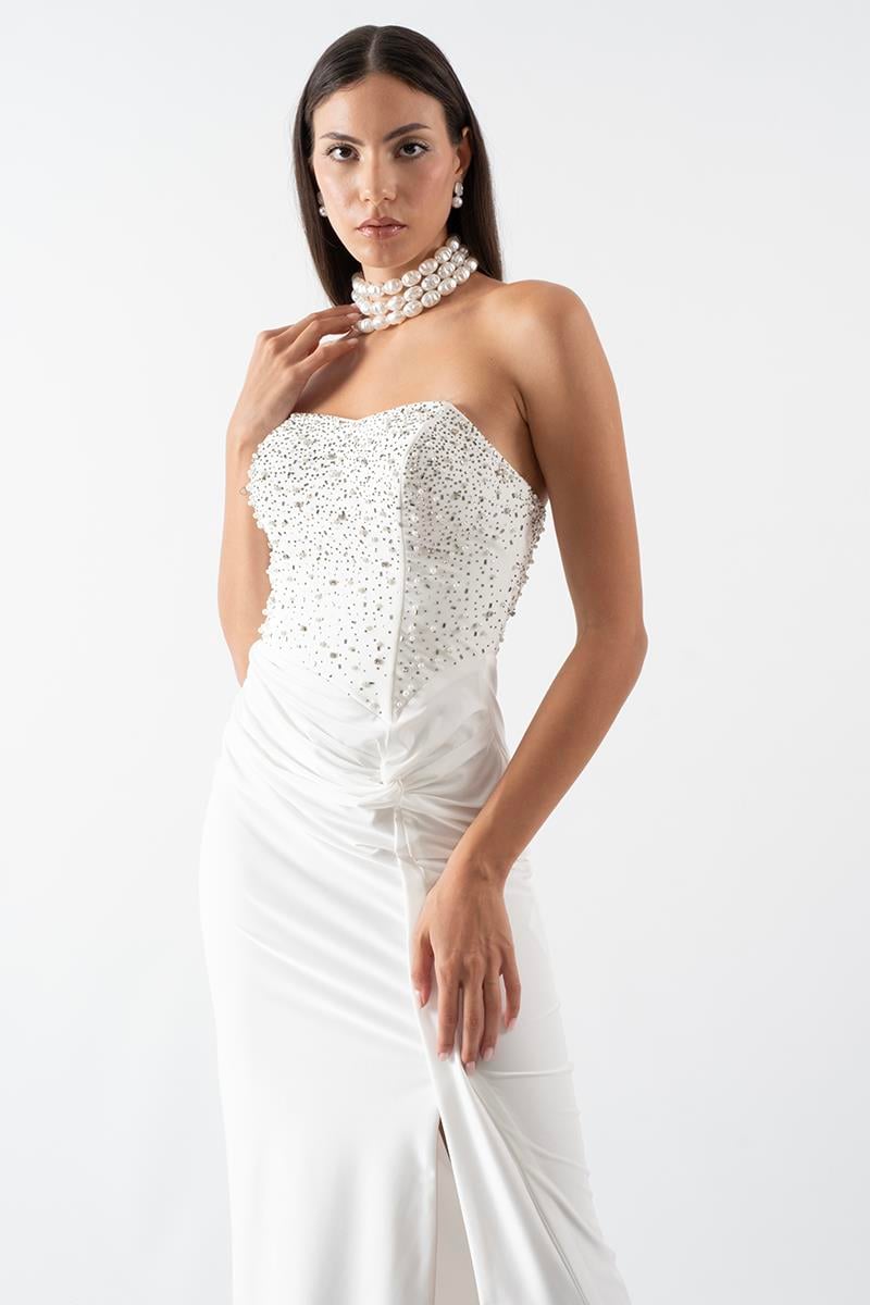 Sardella Kalp Yaka Straplez Önü Düğümlü Taşlı Uzun Abiye Elbise BEYAZ