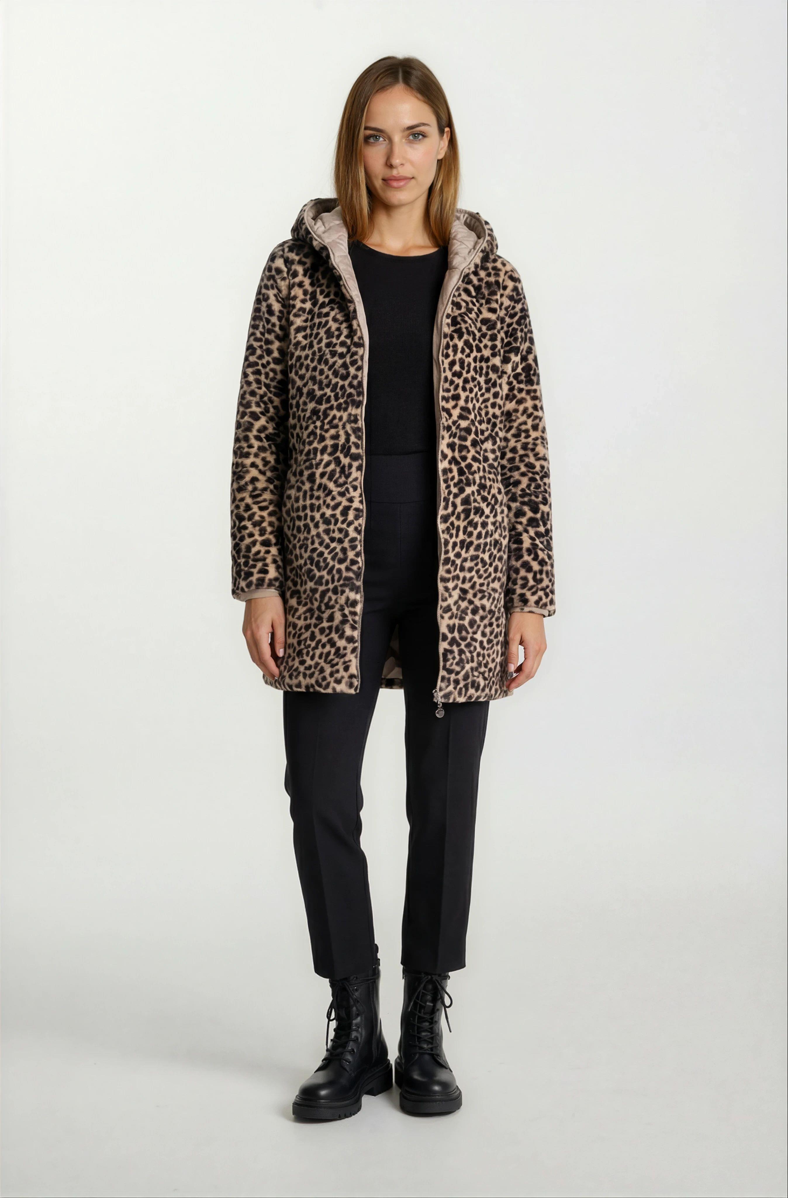 Sorrentino Çift Taraflı Kapitoneli Leopar Peluş Kapüşonlu Kaban VİZON