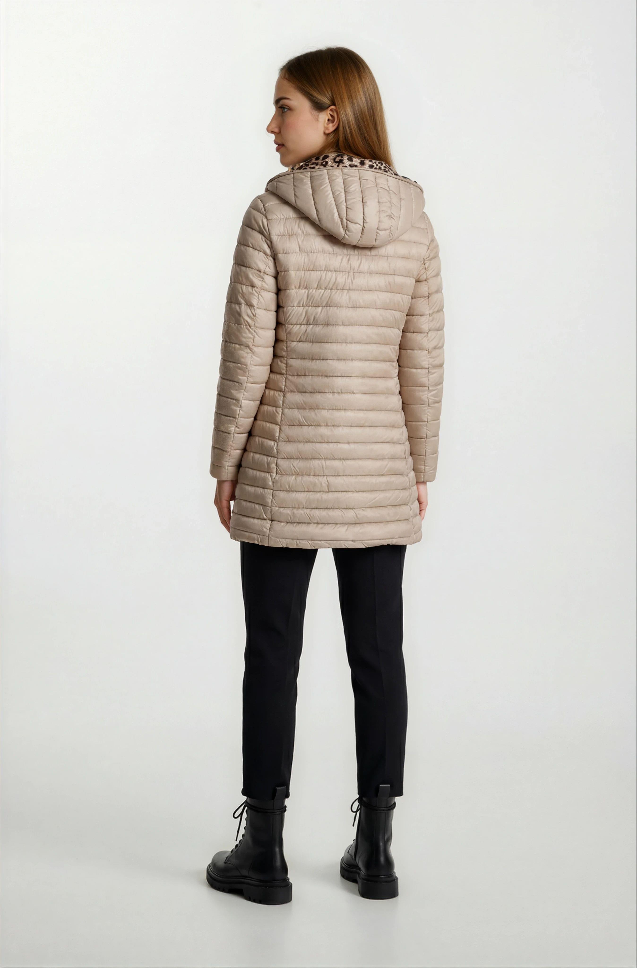 Sorrentino Çift Taraflı Kapitoneli Leopar Peluş Kapüşonlu Kaban VİZON