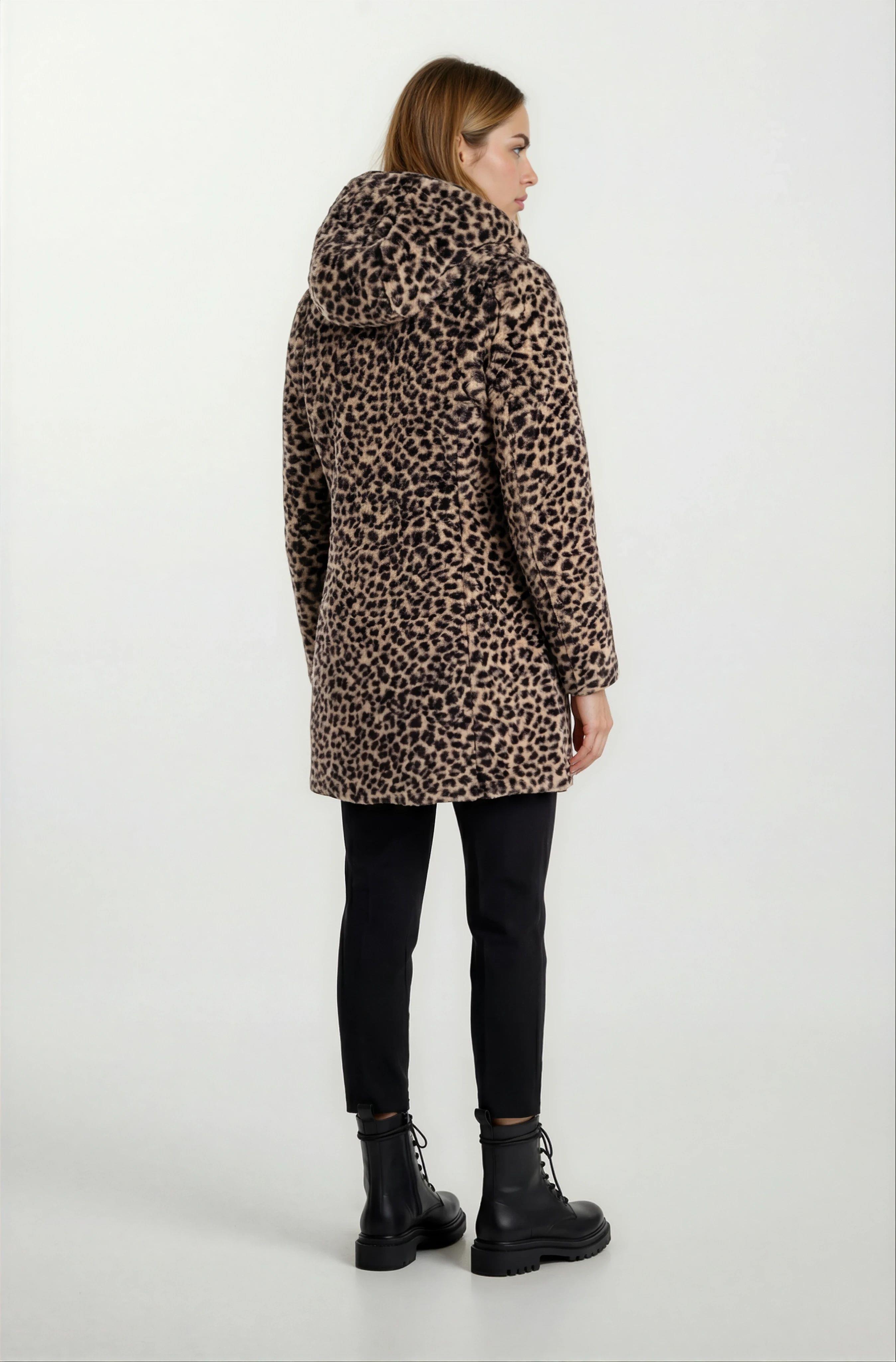 Sorrentino Çift Taraflı Kapitoneli Leopar Peluş Kapüşonlu Kaban VİZON