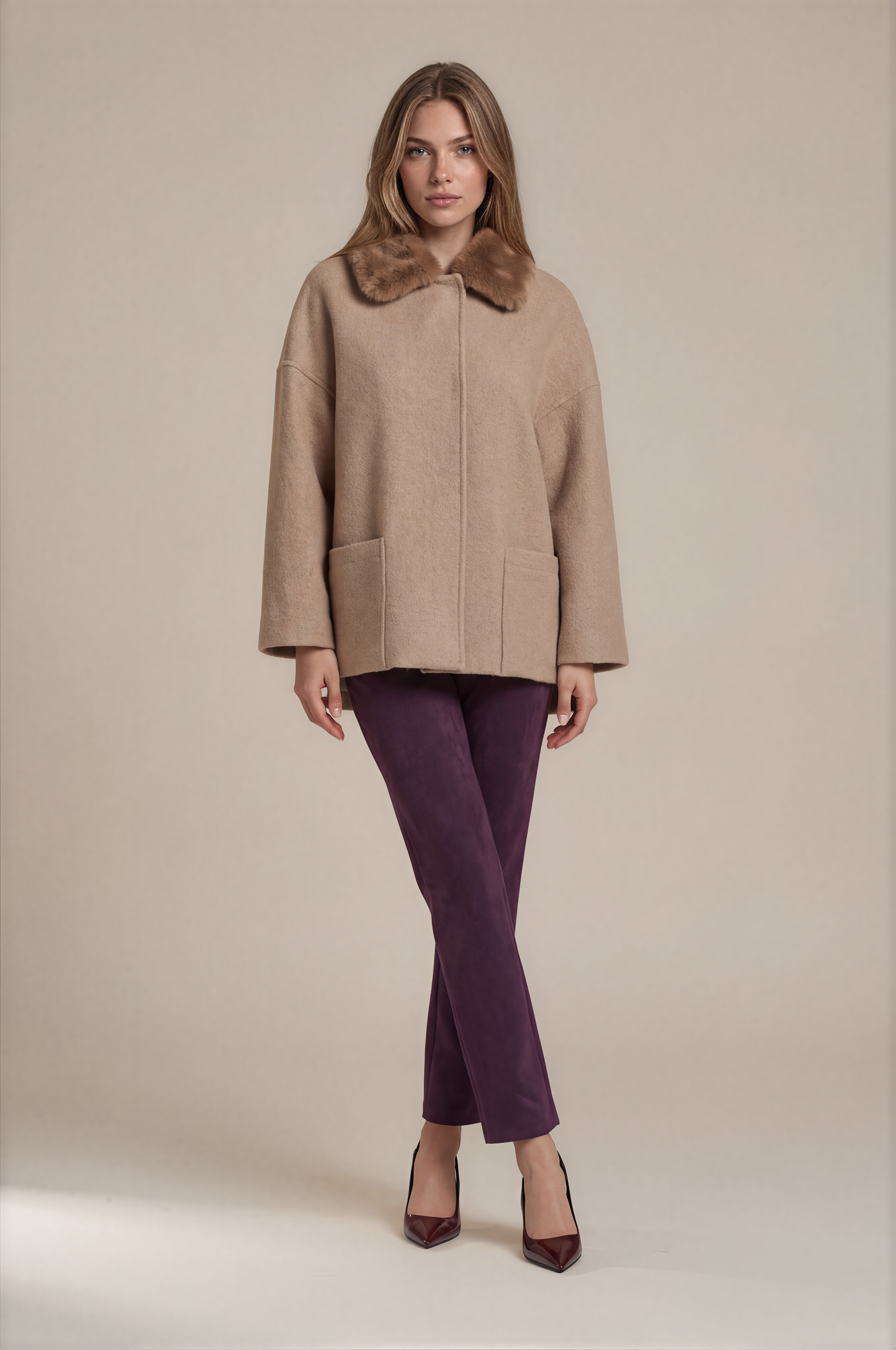 Suni Kürk Yaka Cepli Oversize Kap CAMEL