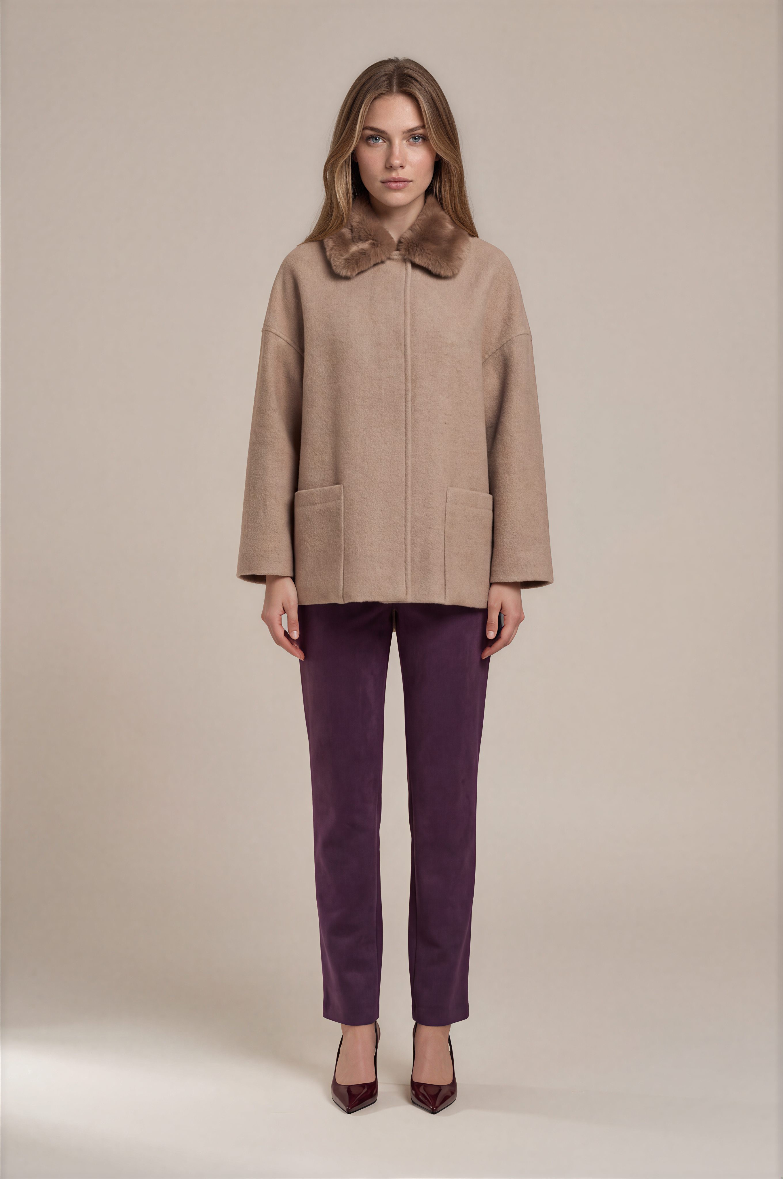 Suni Kürk Yaka Cepli Oversize Kap CAMEL