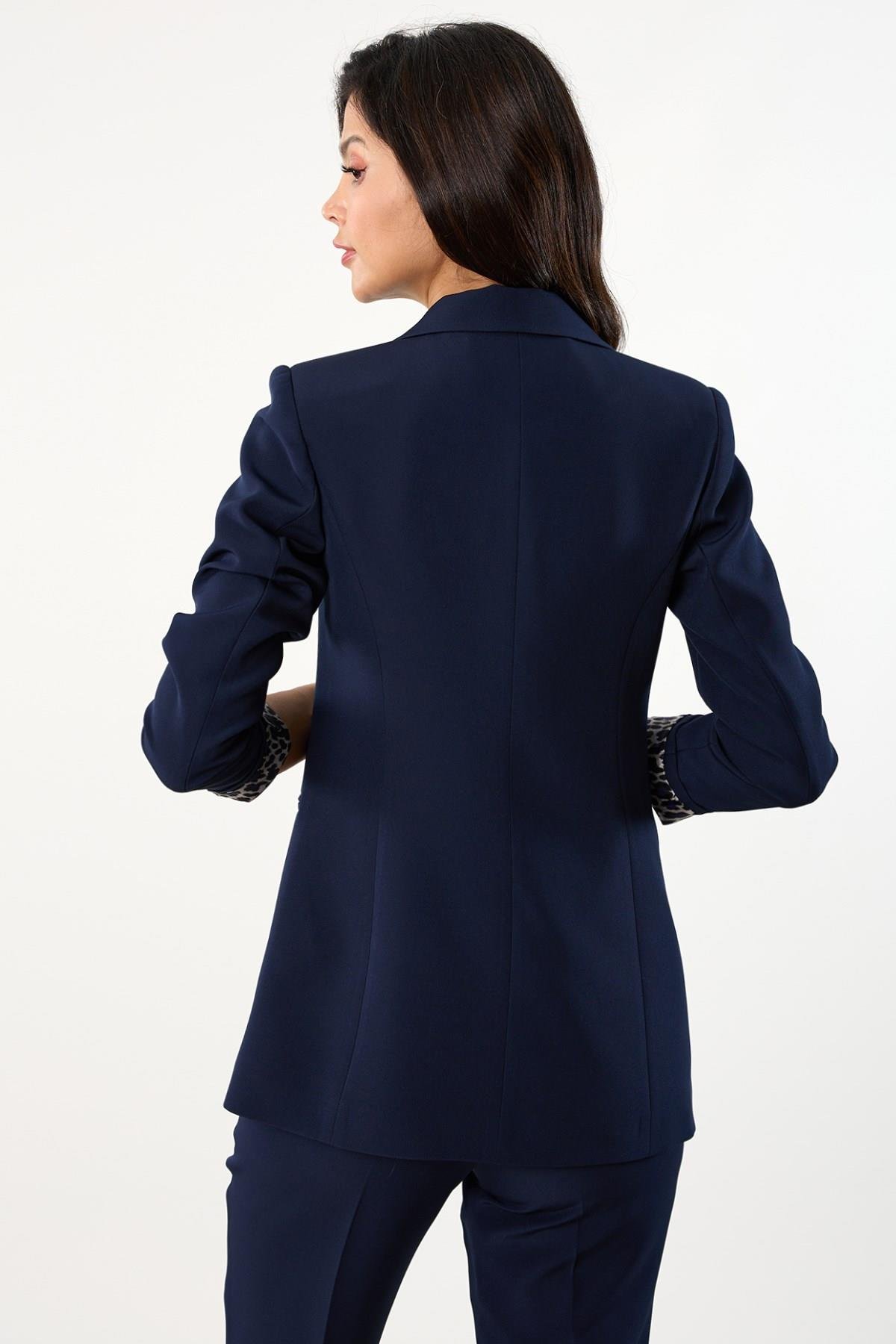 Tetterina Tek Düğme Leopar Astarlı Ceket LACİVERT