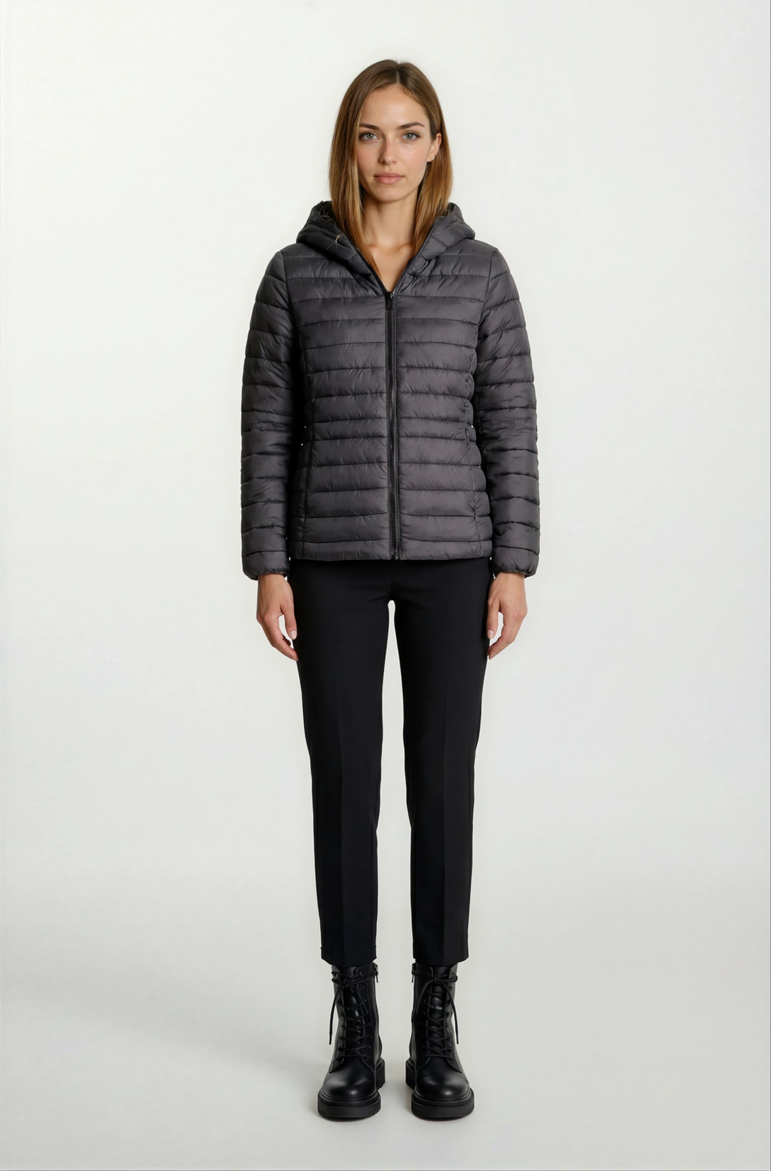 Tomasino Çift Taraflı Kapitoneli Peluş Leopar Kapüşonlu Mont SİYAH