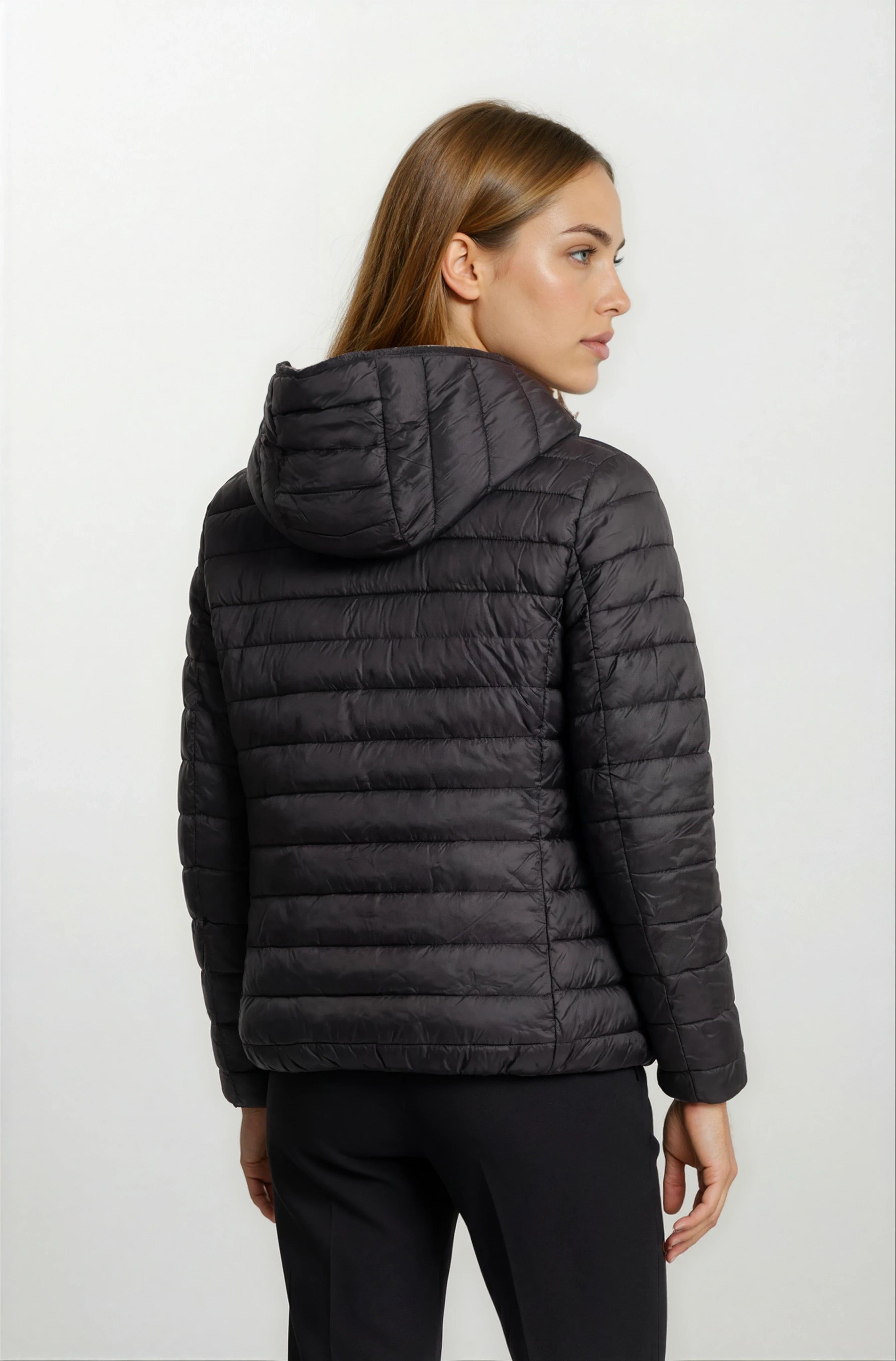 Tomasino Çift Taraflı Kapitoneli Peluş Leopar Kapüşonlu Mont SİYAH