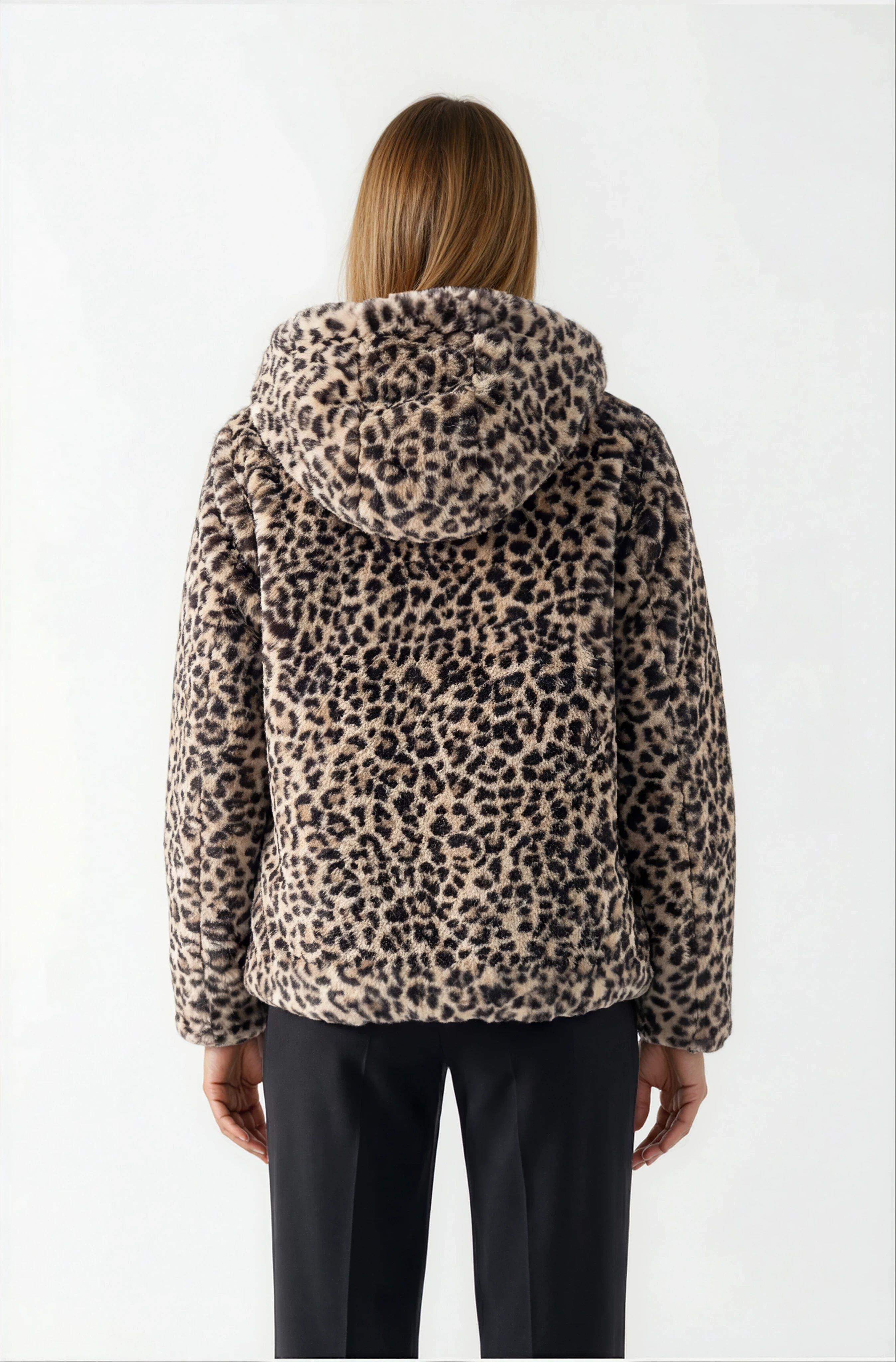 Tomasino Çift Taraflı Kapitoneli Peluş Leopar Kapüşonlu Mont SİYAH