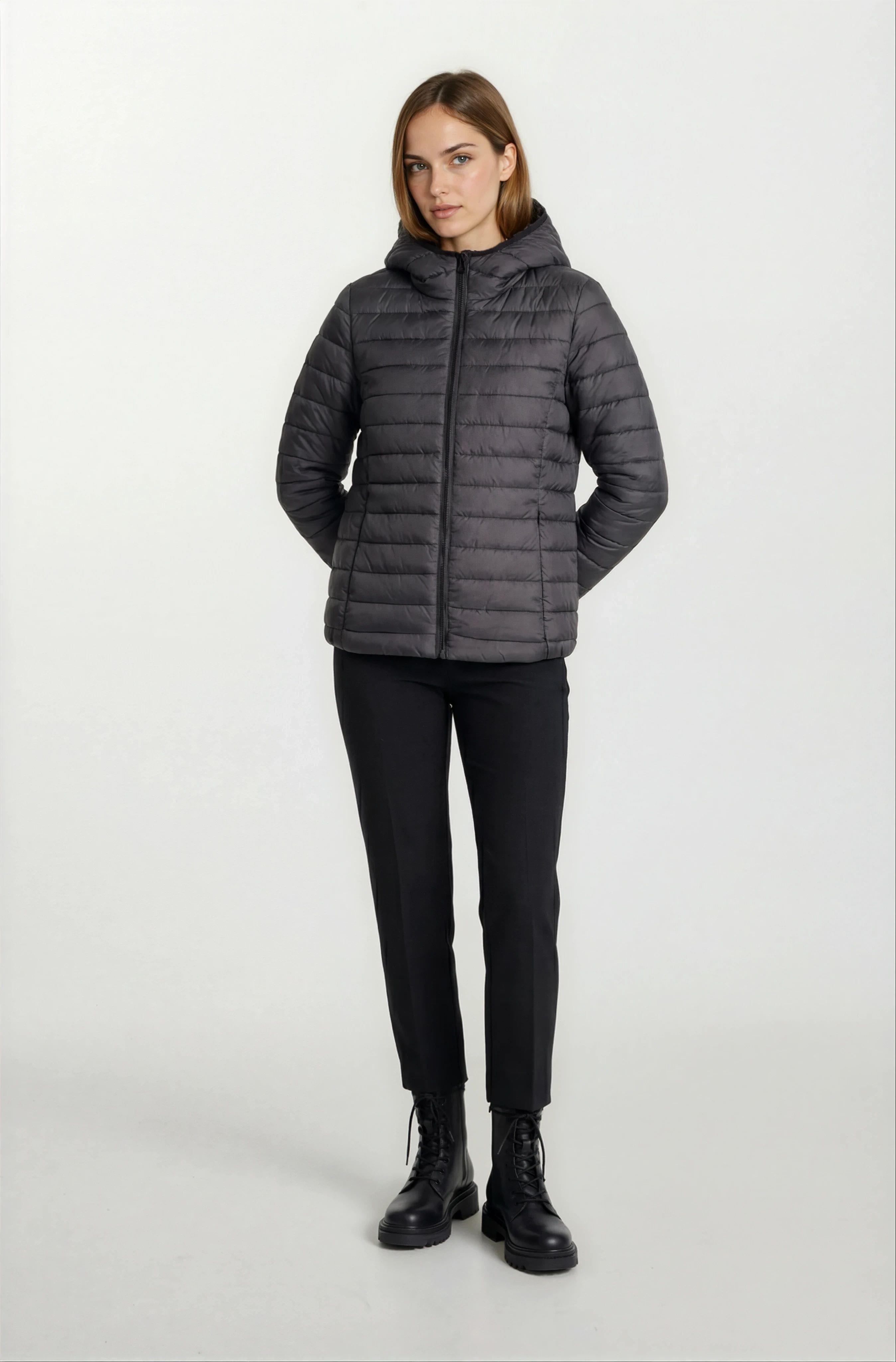 Tomasino Çift Taraflı Kapitoneli Peluş Leopar Kapüşonlu Mont SİYAH