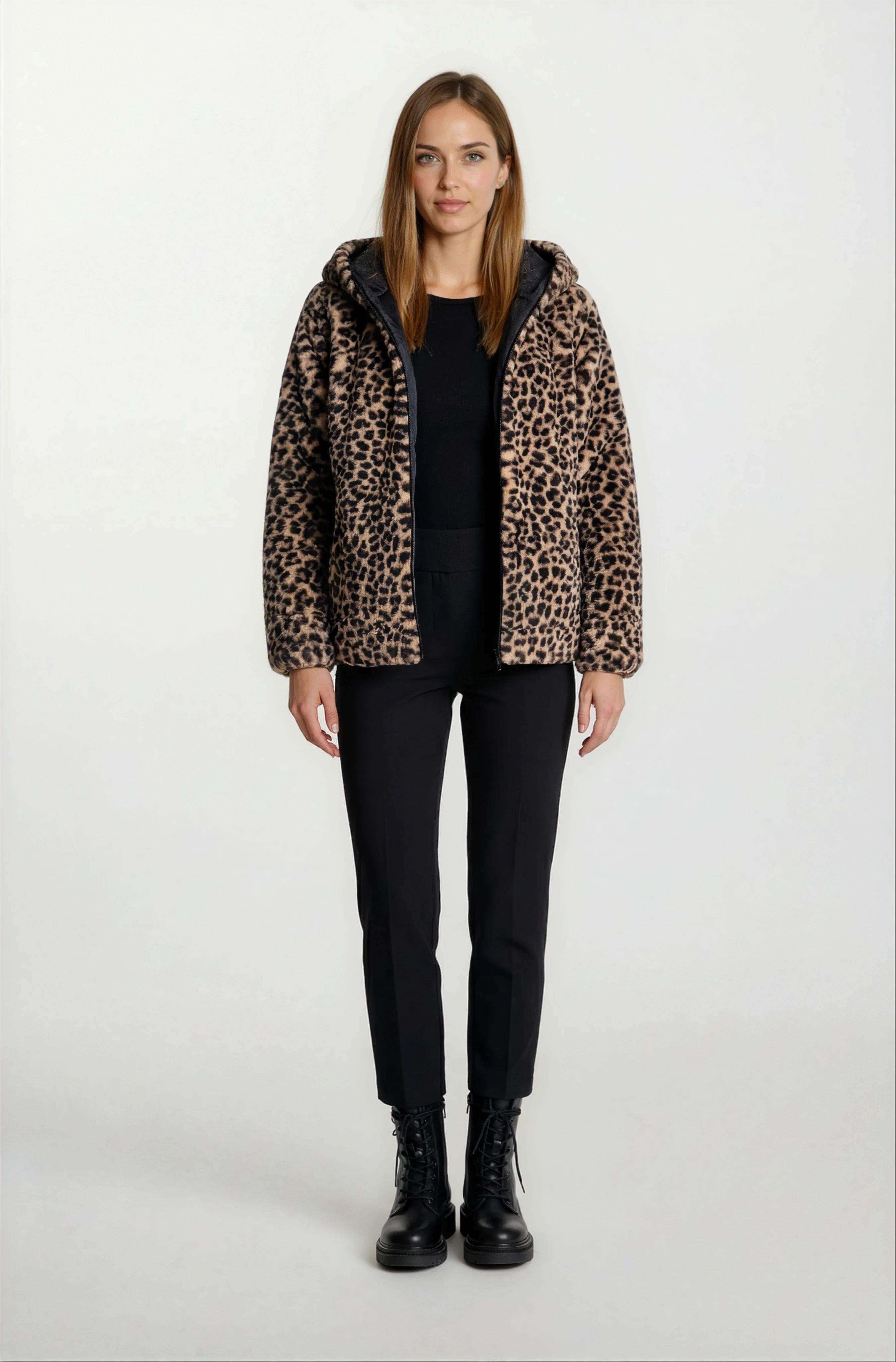 Tomasino Çift Taraflı Kapitoneli Peluş Leopar Kapüşonlu Mont SİYAH