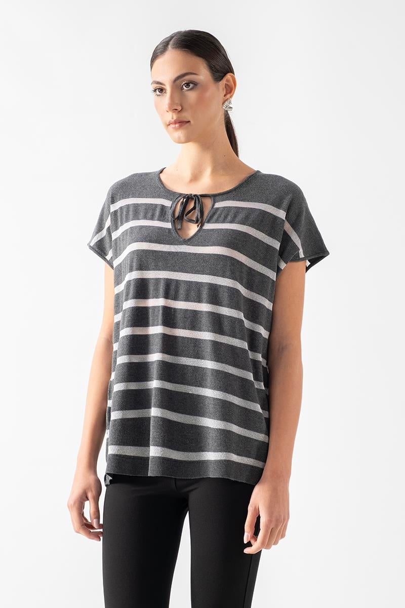 Vannoli Bisiklet Yaka Bağcıklı Düşük Kol Triko ANTRASİT