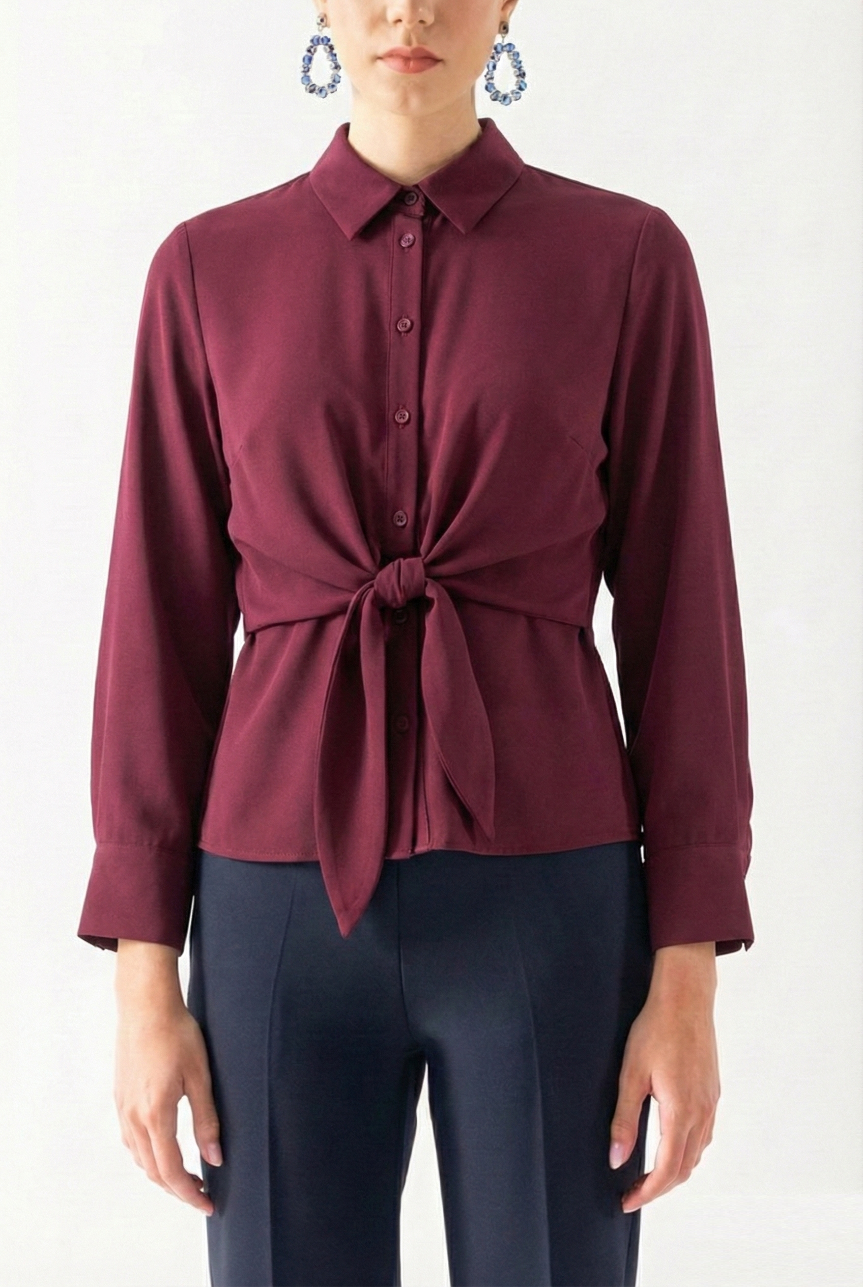 Vardalos Klasik Yaka Önden Bağlama Detaylı Gömlek MÜRDÜM