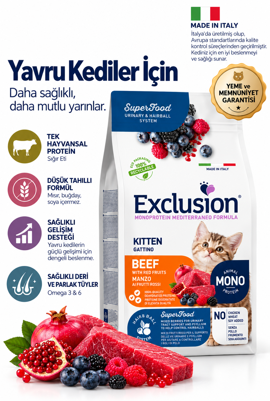 Exclusion Mediterraneo Superfood Mono Protein Sığır Etli ve Kırmızı Meyveli Yavru, Hamile ve Emziren Anne Kitten Kedi Maması 12 Kg